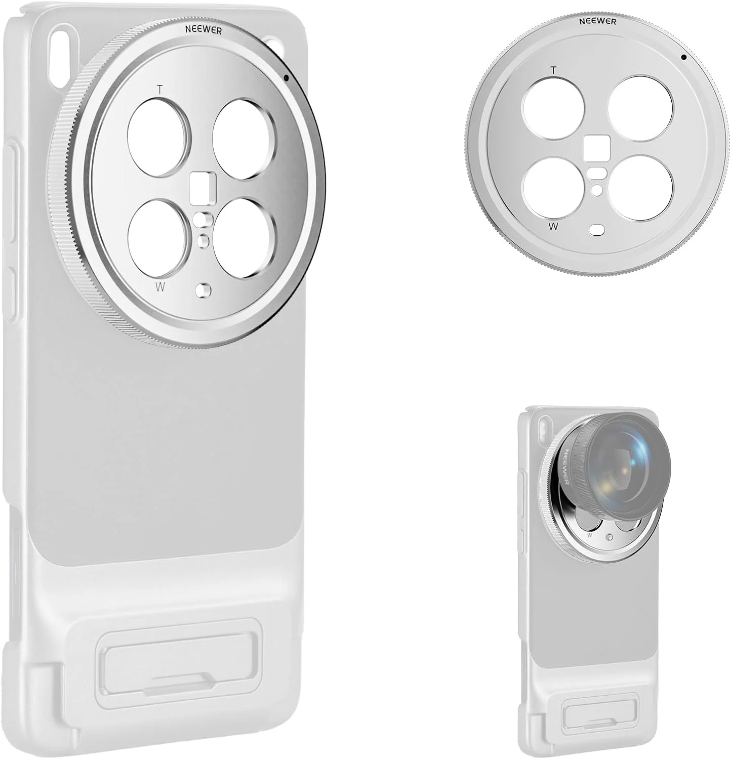 صفحه پشتی لنز NEEWER X200 Ultra، نگهدارنده آداپتور لنز تلفن با رزوه 17 میلی‌متری آلیاژ آلومینیوم برای دوربین‌های اصلی و تله فوتو، سازگار با قاب اصلی تلفن VIVO X200 Ultra، PA112 (نقره‌ای)