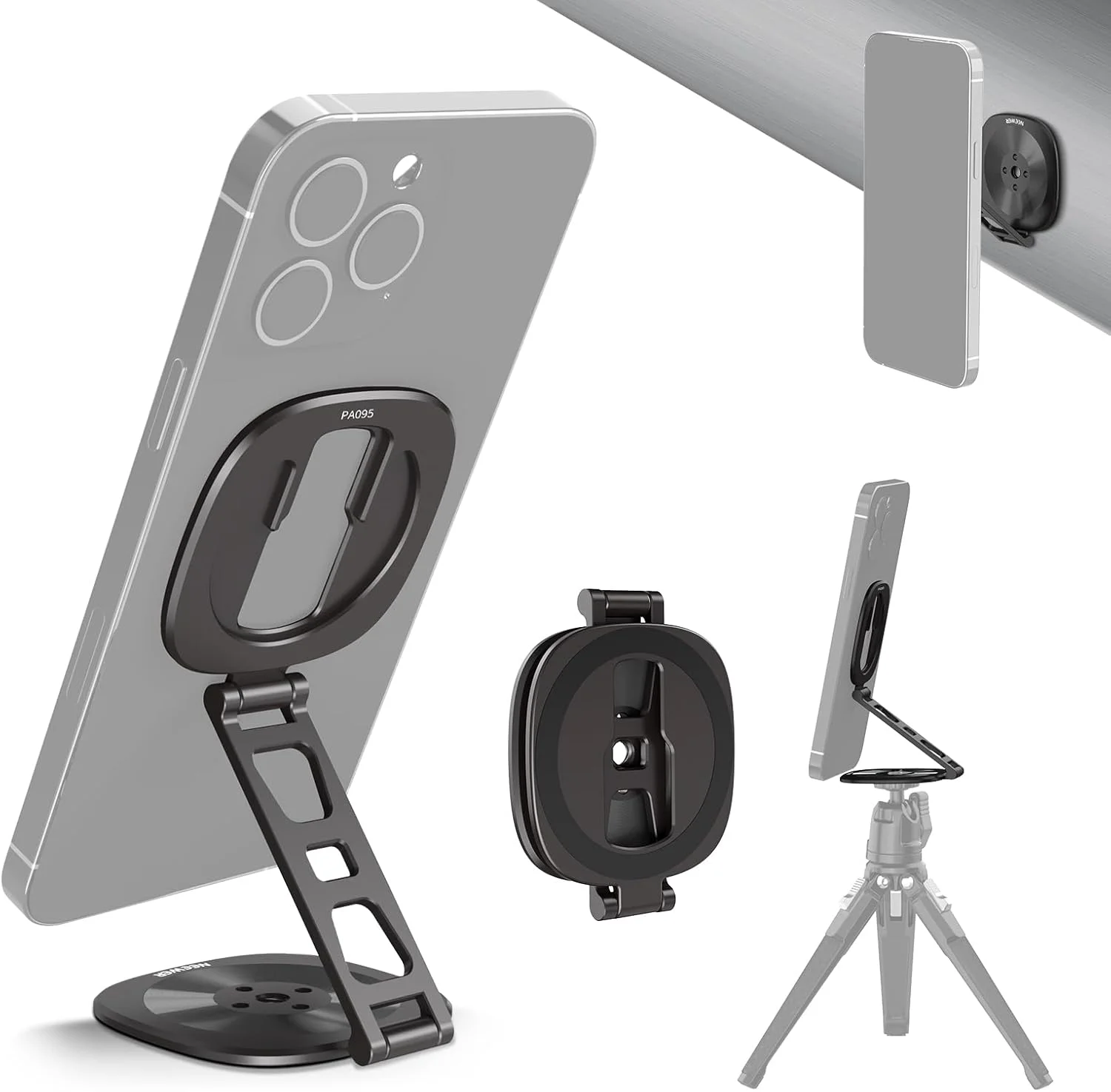 نگهدارنده حلقه ای مغناطیسی دوگانه گوشی NEEWER، پایه نگهدارنده گوشی تاشو فوق العاده نازک با پیچ 1/4 اینچی سازگار با آیفون سامسونگ هواوی اندروید برای ضبط ویدیو، PA095