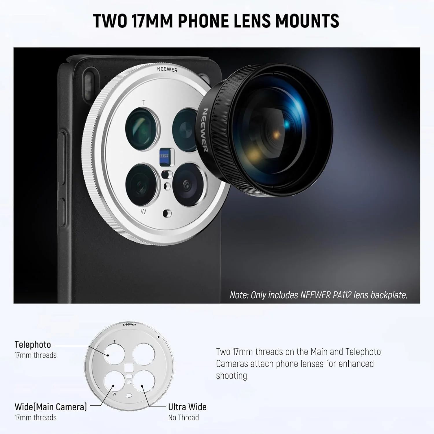 صفحه پشتی لنز NEEWER X200 Ultra، نگهدارنده آداپتور لنز تلفن با رزوه 17 میلیمتری آلیاژ آلومینیوم برای دوربینهای اصلی و تله فوتو، سازگار با قاب اصلی تلفن VIVO X200 Ultra، PA112 (نقرهای) صفحه پشتی لنز NEEWER X200 Ultra، نگهدارنده آداپتور لنز تلفن با رزوه 17 میلیمتری آلیاژ آلومینیوم برای دوربینهای اصلی و تله فوتو، سازگار با قاب اصلی تلفن VIVO X200 Ultra، PA112 (نقرهای)