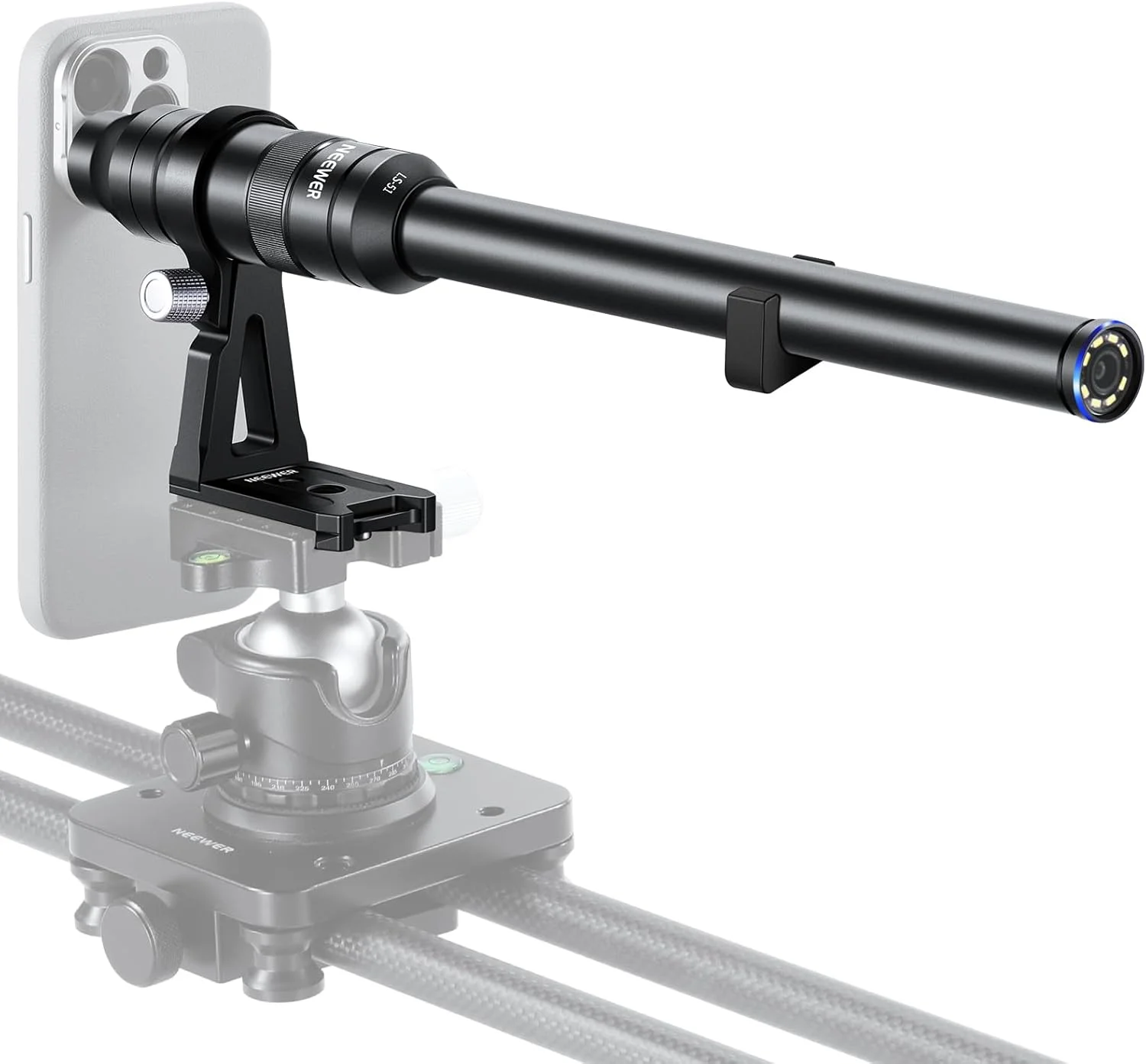 لنز ماکرو پروب 18 میلی‌متری 2X نیوئر با رزوه 17 میلی‌متری برای ضبط ویدیو موبایل، سازگار با آیفون سامسونگ، شامل آداپتور لنز 17 میلی‌متری برای قفس/قاب گوشی نیوئر، LS-51