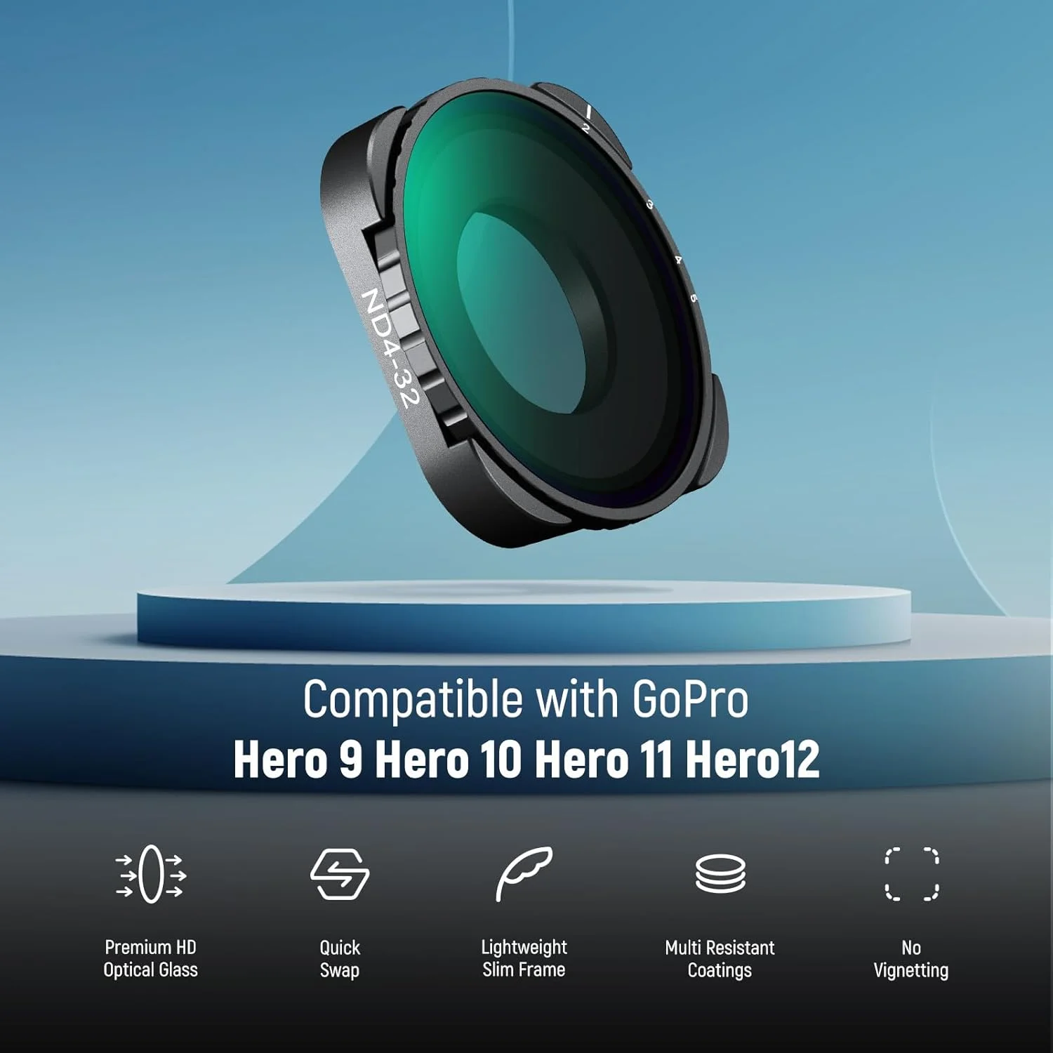 فیلتر متغیر ND4-ND32 نیور سازگار با GoPro 9، 10، 11، 12، فیلتر ND متغیر 2-5 استاپ با شیشه اپتیکال HD چند لایه و فریم باریک، بدون الگوی X