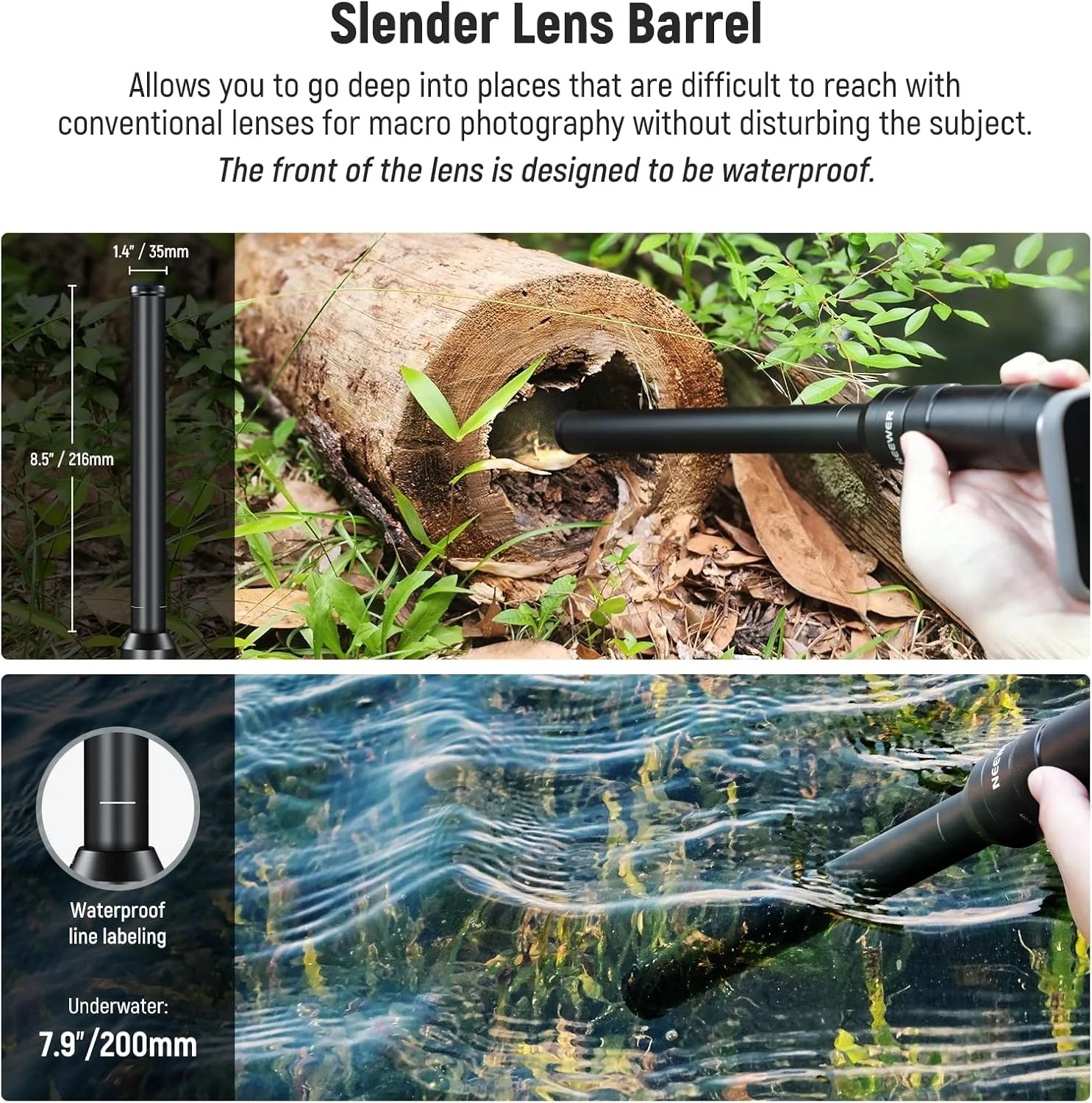 لنز ماکرو پروب 18 میلی‌متری 2X نیوئر با رزوه 17 میلی‌متری برای ضبط ویدیو موبایل، سازگار با آیفون سامسونگ، شامل آداپتور لنز 17 میلی‌متری برای قفس/قاب گوشی نیوئر، LS-51