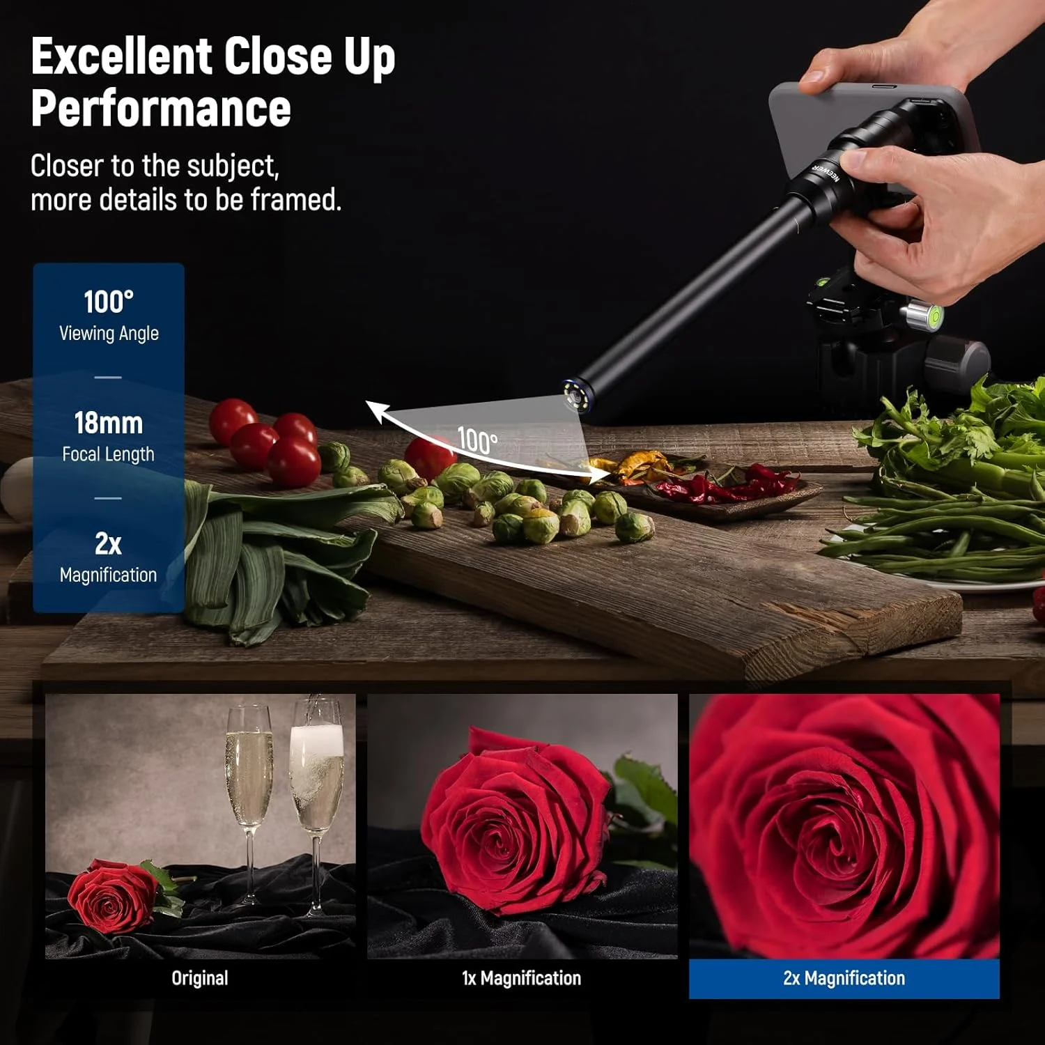 لنز ماکرو پروب 18 میلی‌متری 2X نیوئر با رزوه 17 میلی‌متری برای ضبط ویدیو موبایل، سازگار با آیفون سامسونگ، شامل آداپتور لنز 17 میلی‌متری برای قفس/قاب گوشی نیوئر، LS-51