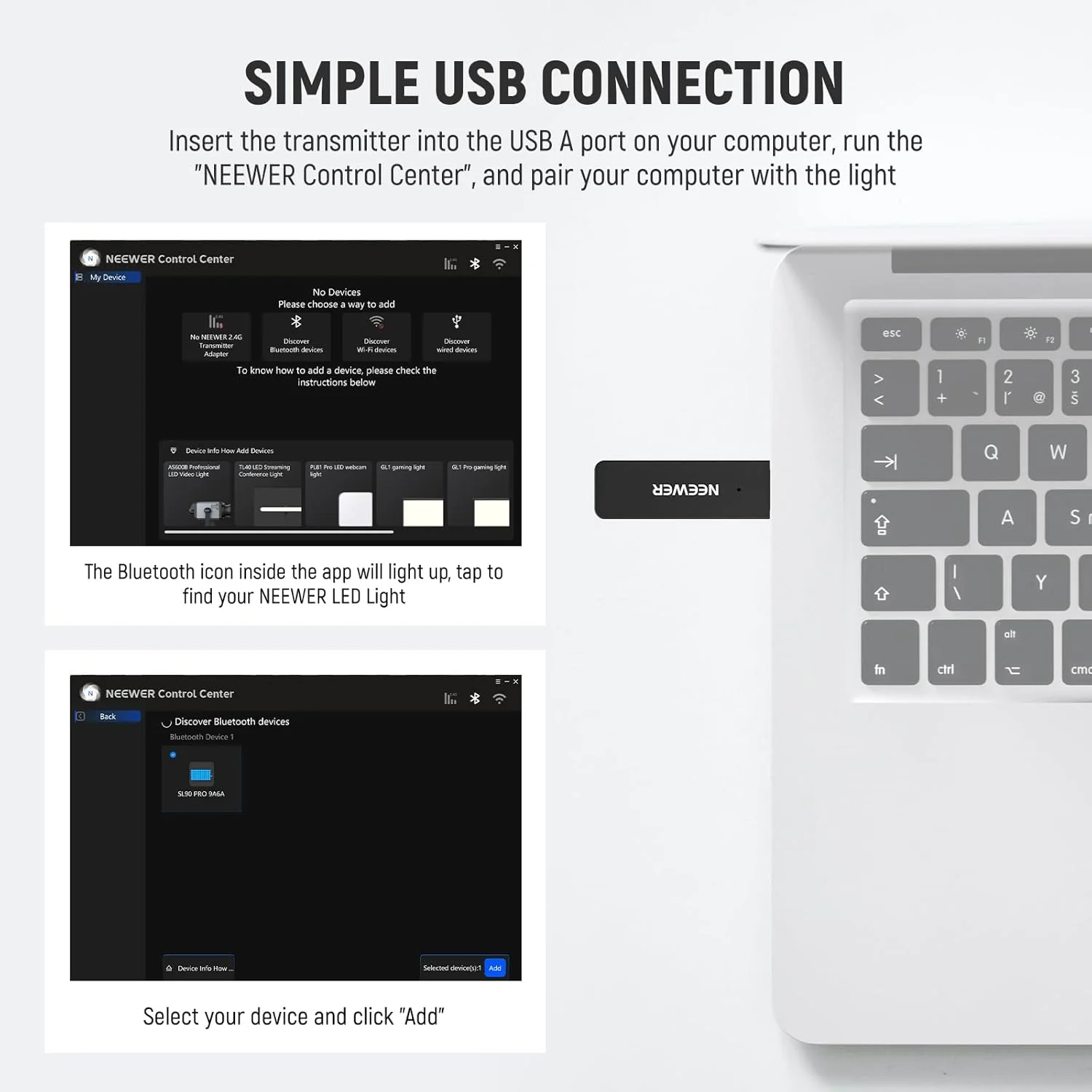 فرستنده بلوتوث USB نیوئر برای کامپیوتر و مک، دانگل USB NW-BT کنترل از راه دور برای مرکز کنترل نیوئر، چراغ های ویدئویی LED بلوتوث و رینگ لایت ها، سازگار با ویندوز و MacOS