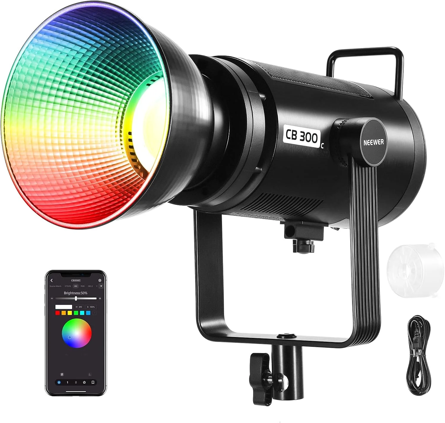نور ویدئویی ال ای دی RGB مدل NEEWER CB 300C به همراه بازتابنده، 300 وات، کنترل از طریق اپلیکیشن/2.4G، دارای 17 صحنه، 29600Lux/1m، دمای رنگ 2500-7500K، CRI97+/TLCI97+، نور خروجی پیوسته COB تمام رنگی با قابلیت تنظیم نور برای فیلمبرداری استودیویی