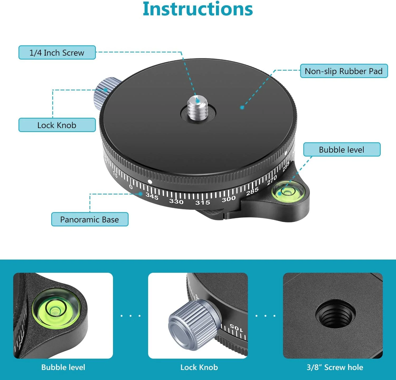 پایه پانوراما Neewer با صفحه استایل، آلیاژ آلومینیومی با پیچ 3/8 اینچی، هد سه پایه توپی پانوراما با تراز حبابی برای دوربین های DSLR، ظرفیت باربری 10 کیلوگرم