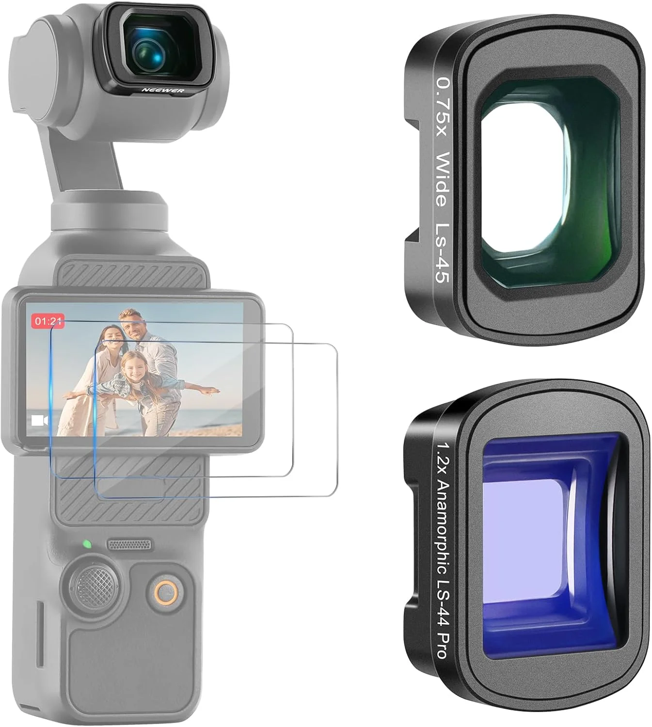 کیت لنز NEEWER سازگار با لوازم جانبی DJI Osmo Pocket 3 Creator Combo، لنز زاویه باز 0.75X (FOV 108°) + مجموعه لنز سینمایی آنامورفیک آبی 1.2X + محافظ صفحه نمایش 2X، مدل FL-C02