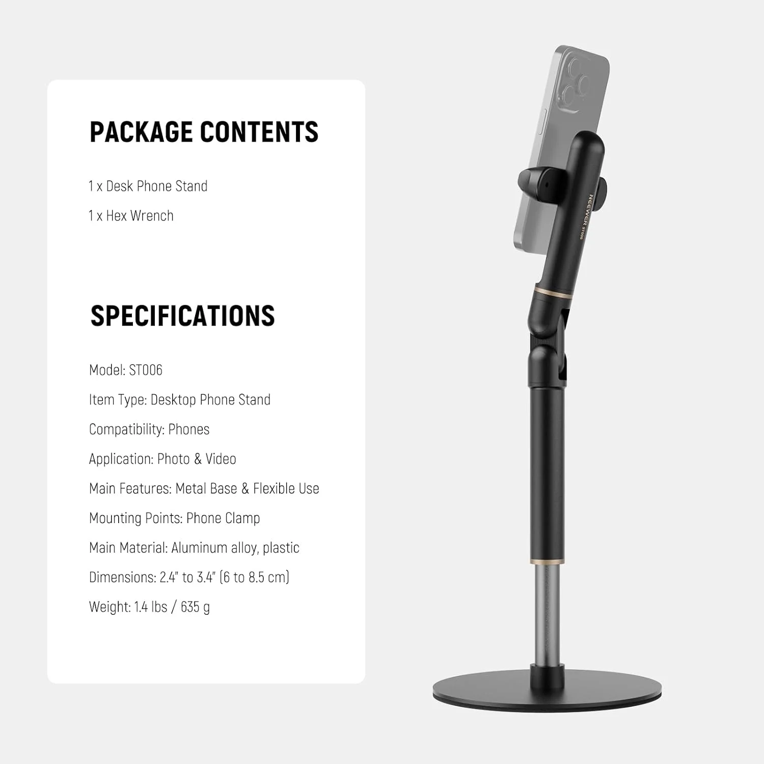 پایه نگهدارنده گوشی موبایل NEEWER BASICS برای میز، گیره نگهدارنده قابل تنظیم تلفن با پایه فلزی سنگین، پایه تلفن رومیزی سازگار با آیفون و سامسونگ برای ضبط ویدیو، ST006