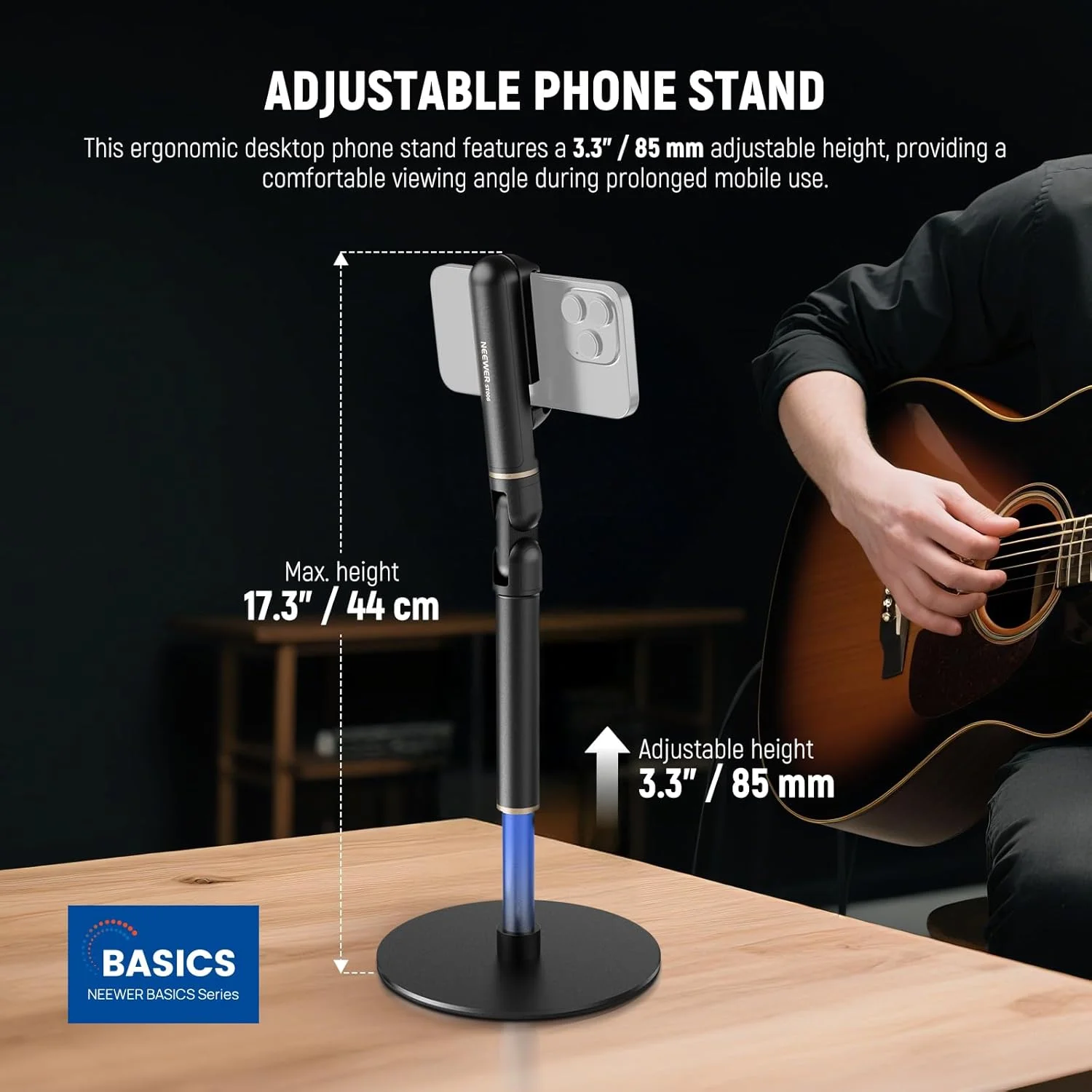 پایه نگهدارنده گوشی موبایل NEEWER BASICS برای میز، گیره نگهدارنده قابل تنظیم تلفن با پایه فلزی سنگین، پایه تلفن رومیزی سازگار با آیفون و سامسونگ برای ضبط ویدیو، ST006