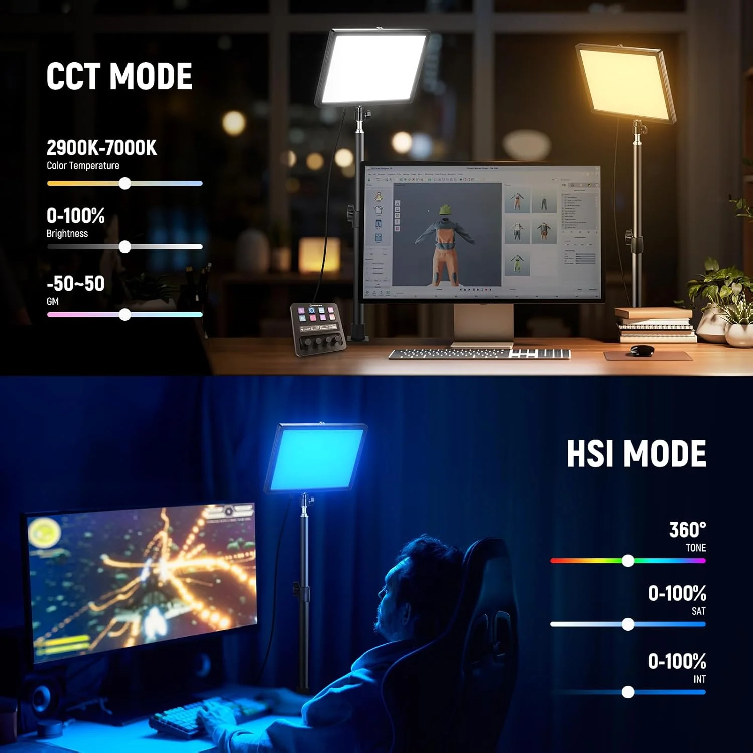 نور کلیدی استریمینگ RGB مدل NEEWER GL25C LED، کنترل از طریق اپلیکیشن/کامپیوتر/استریم دک، 25 وات 2500 لوکس/0.5 متر 2900K-7000K CRI95+/TLCI97+ RGB کامل با قابلیت تنظیم نور، نور ویدئویی وب کم بی صدا با پایه رومیزی