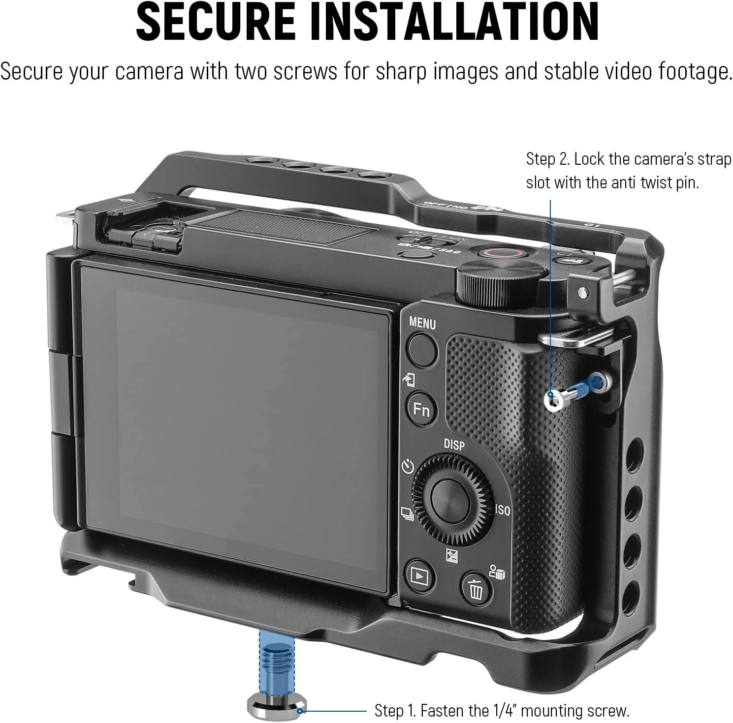 محافظ دوربین NEEWER ZV-E10 سازگار با Sony ZV-E10، تثبیت کننده قفس ویدئویی آلومینیومی، صفحه QR نوع Arca، رزوه 1/4 اینچی، نگهدارنده کفشک گرم سازگار با دسته SmallRig، CA003