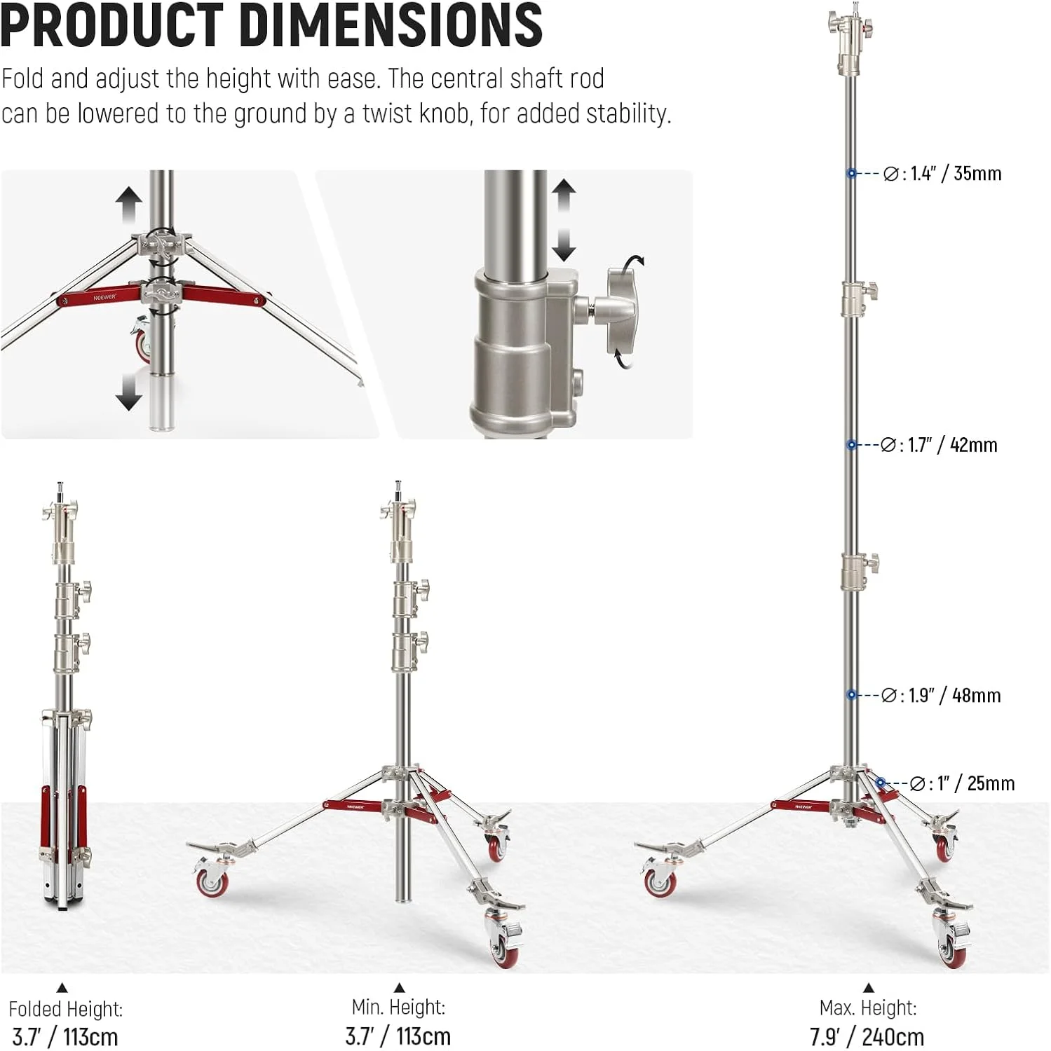 پایه نور استیل ضد زنگ سنگین نیور با چرخ، گیرنده جونیور 1-1/8 اینچی، استد فنری 5/8 اینچی، حداکثر بار 35 کیلوگرم، پایه چرخ دار جونیور 240 سانتی متری برای سافت باکس رفلکتور استودیو، ST240SS پایه نور استیل ضد زنگ سنگین نیور با چرخ، گیرنده جونیور 1-1/8 اینچی، استد فنری 5/8 اینچی، حداکثر بار 35 کیلوگرم، پایه چرخ دار جونیور 240 سانتی متری برای سافت باکس رفلکتور استودیو، ST240SS