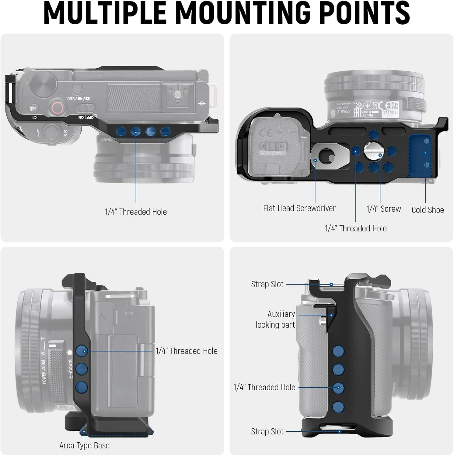 محافظ دوربین NEEWER ZV-E10 سازگار با Sony ZV-E10، تثبیت کننده قفس ویدئویی آلومینیومی، صفحه QR نوع Arca، رزوه 1/4 اینچی، نگهدارنده کفشک گرم سازگار با دسته SmallRig، CA003