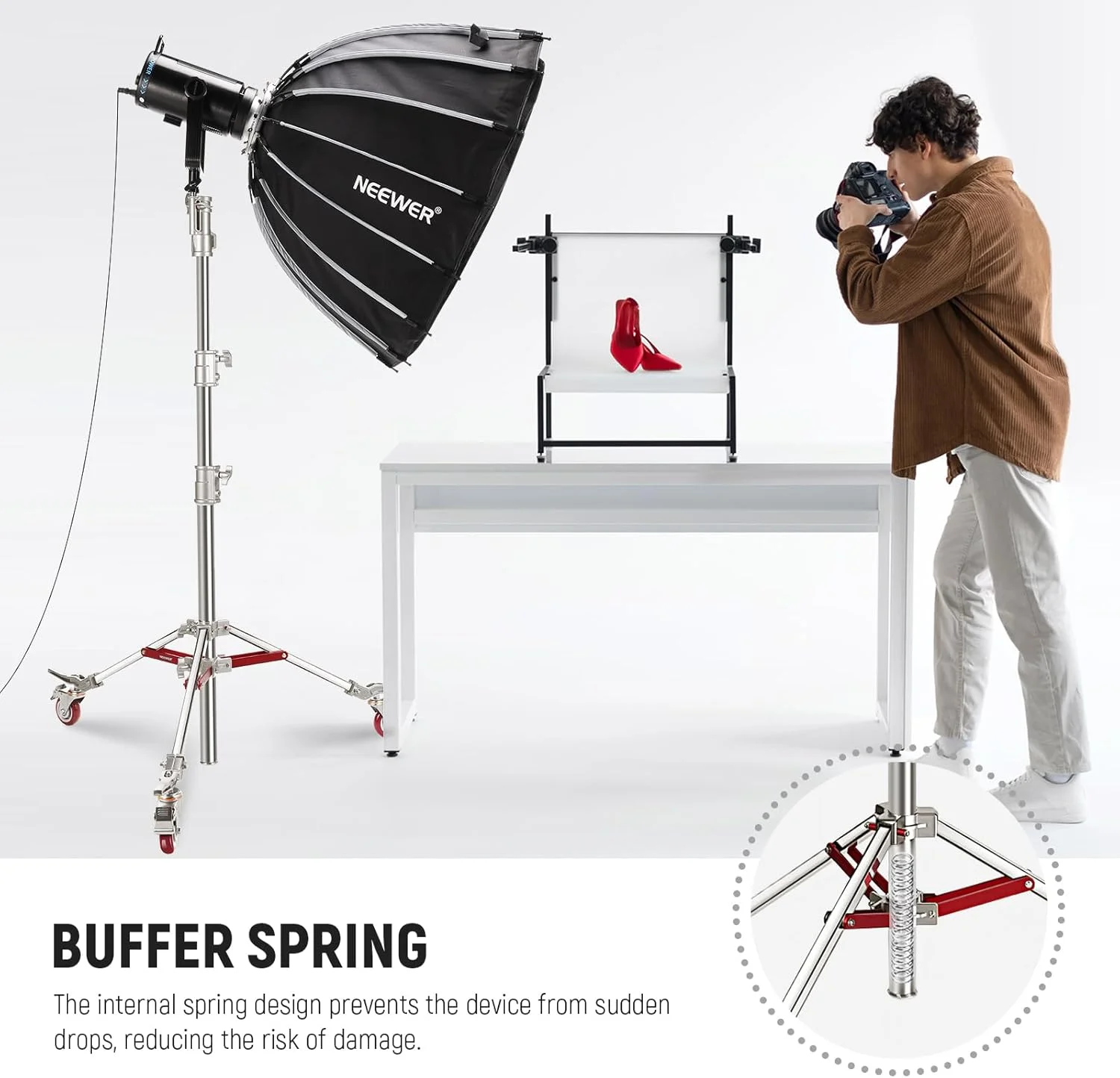 پایه نور استیل ضد زنگ سنگین نیور با چرخ، گیرنده جونیور 1-1/8 اینچی، استد فنری 5/8 اینچی، حداکثر بار 35 کیلوگرم، پایه چرخ دار جونیور 240 سانتی متری برای سافت باکس رفلکتور استودیو، ST240SS پایه نور استیل ضد زنگ سنگین نیور با چرخ، گیرنده جونیور 1-1/8 اینچی، استد فنری 5/8 اینچی، حداکثر بار 35 کیلوگرم، پایه چرخ دار جونیور 240 سانتی متری برای سافت باکس رفلکتور استودیو، ST240SS