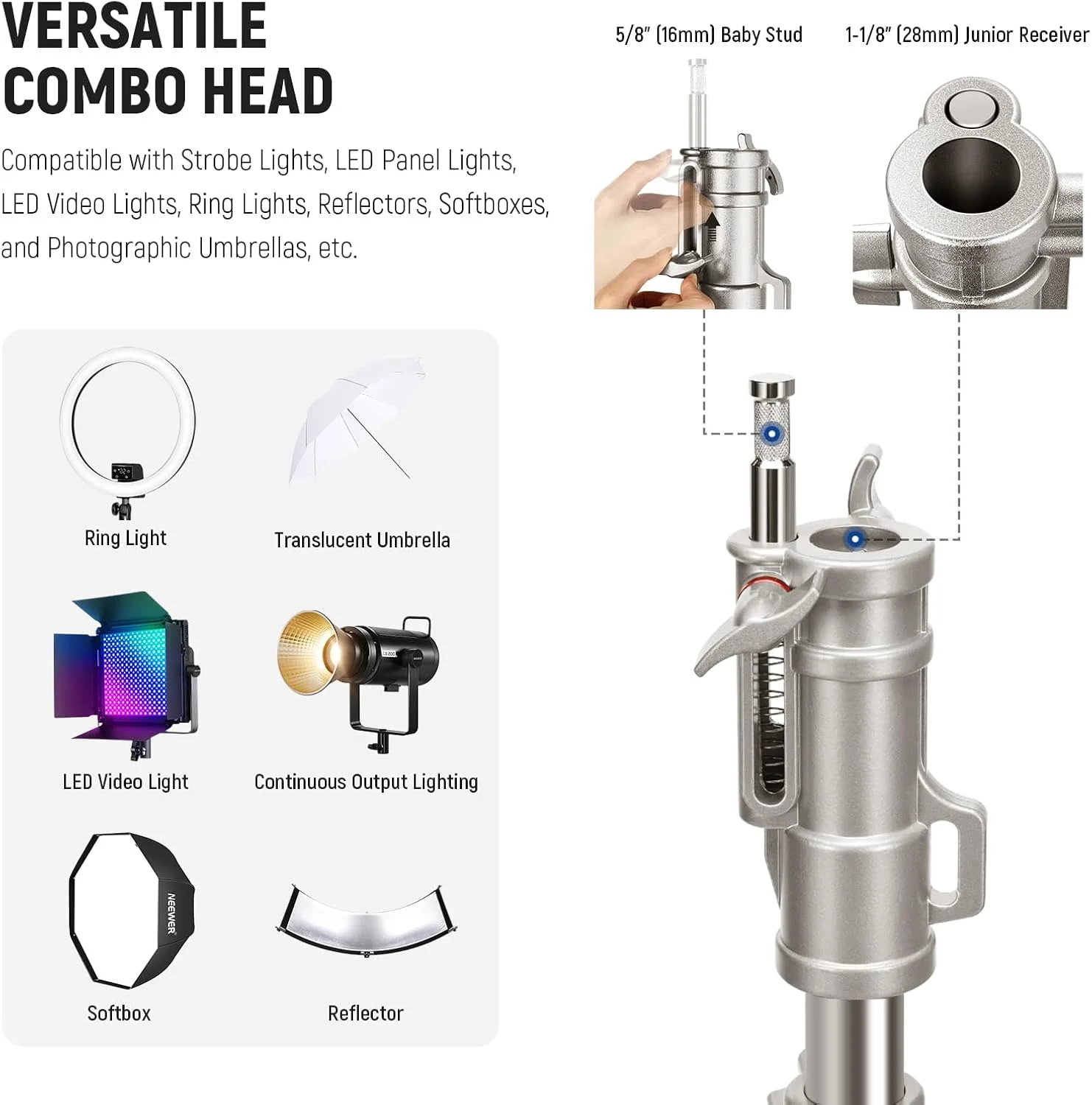 پایه نور استیل ضد زنگ سنگین نیور با چرخ، گیرنده جونیور 1-1/8 اینچی، استد فنری 5/8 اینچی، حداکثر بار 35 کیلوگرم، پایه چرخ دار جونیور 240 سانتی متری برای سافت باکس رفلکتور استودیو، ST240SS پایه نور استیل ضد زنگ سنگین نیور با چرخ، گیرنده جونیور 1-1/8 اینچی، استد فنری 5/8 اینچی، حداکثر بار 35 کیلوگرم، پایه چرخ دار جونیور 240 سانتی متری برای سافت باکس رفلکتور استودیو، ST240SS