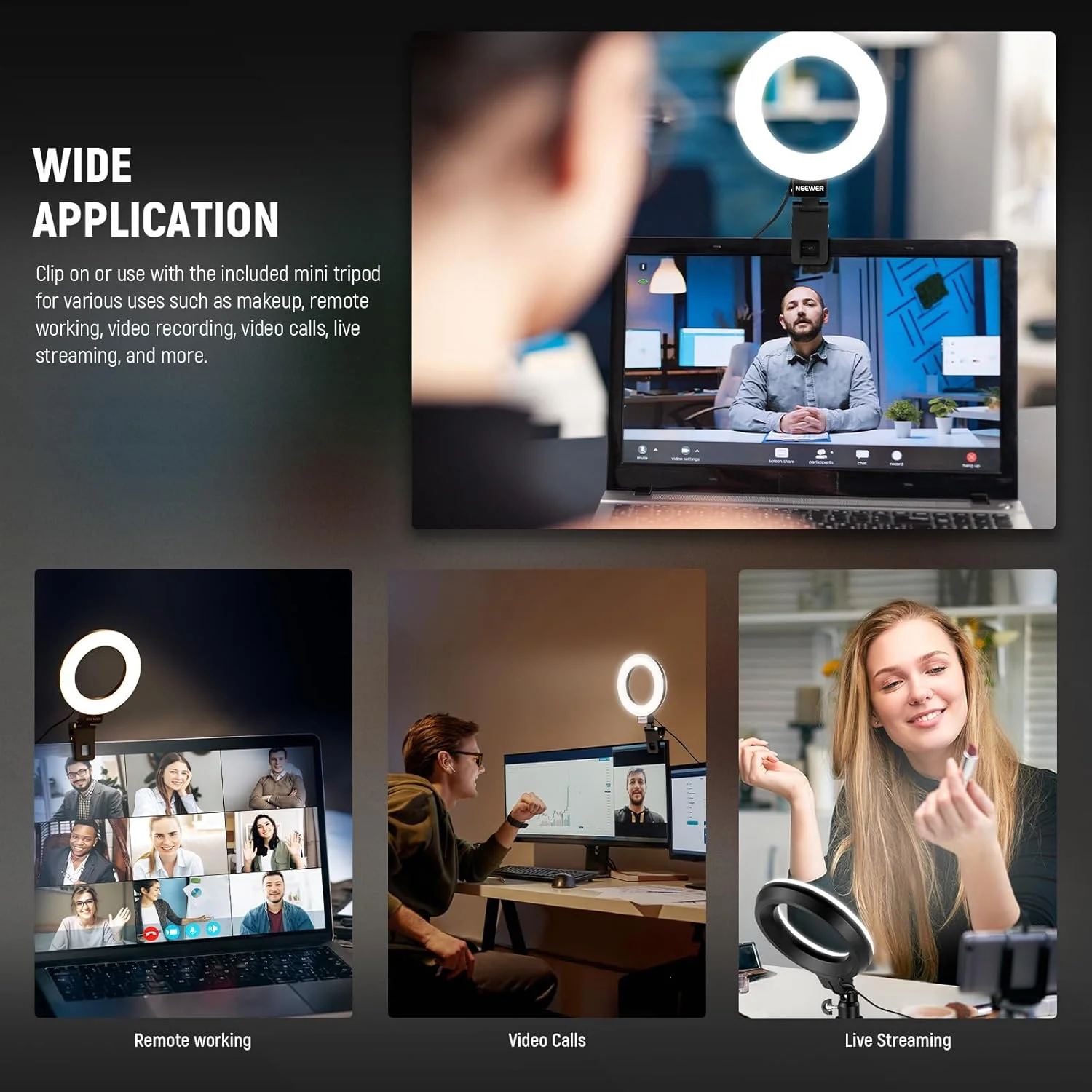 نور حلقه ای 5 اینچی NEEWER Basics BR60 برای نورپردازی کنفرانس ویدیویی، بسته 2 عددی با سه پایه رومیزی برای مانیتور لپ تاپ، کامپیوتر، زوم، پخش زنده، دفتر کار خانگی، آموزش و ضبط ویدیو