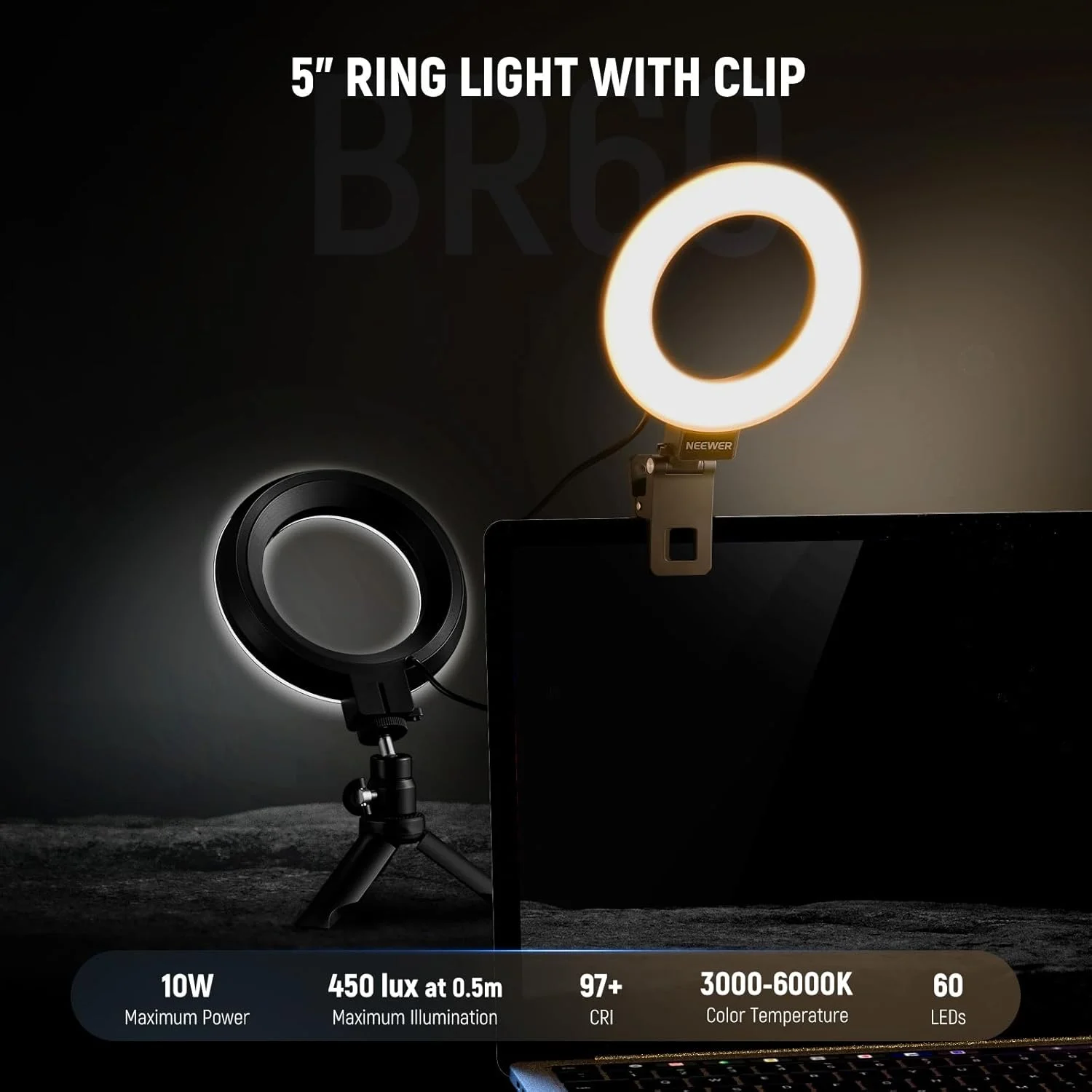 نور حلقه ای 5 اینچی NEEWER Basics BR60 برای نورپردازی کنفرانس ویدیویی، بسته 2 عددی با سه پایه رومیزی برای مانیتور لپ تاپ، کامپیوتر، زوم، پخش زنده، دفتر کار خانگی، آموزش و ضبط ویدیو