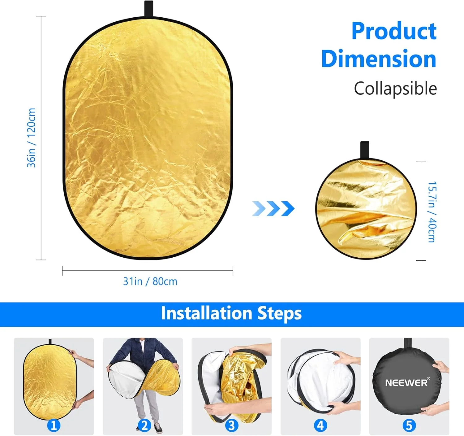 نورپرداز حرفه ای 5 در 1 Neewer، تاشو، چند منظوره، دیسکی، بیضی شکل، 80 سانتی متر در 120 سانتی متر