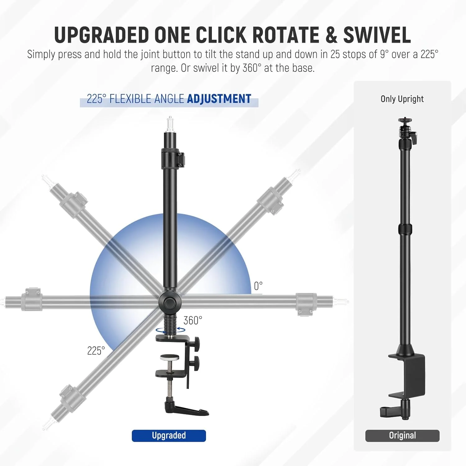 پایه رومیزی دوربین نیوئر با قابلیت چرخش 360 درجه و شیب 225 درجه، ارتفاع قابل تنظیم 45 تا 63 سانتی متر، گیره C و هد توپی برای نور حلقوی، دوربین DSLR و عکاسی از بالا، بسته 2 عددی