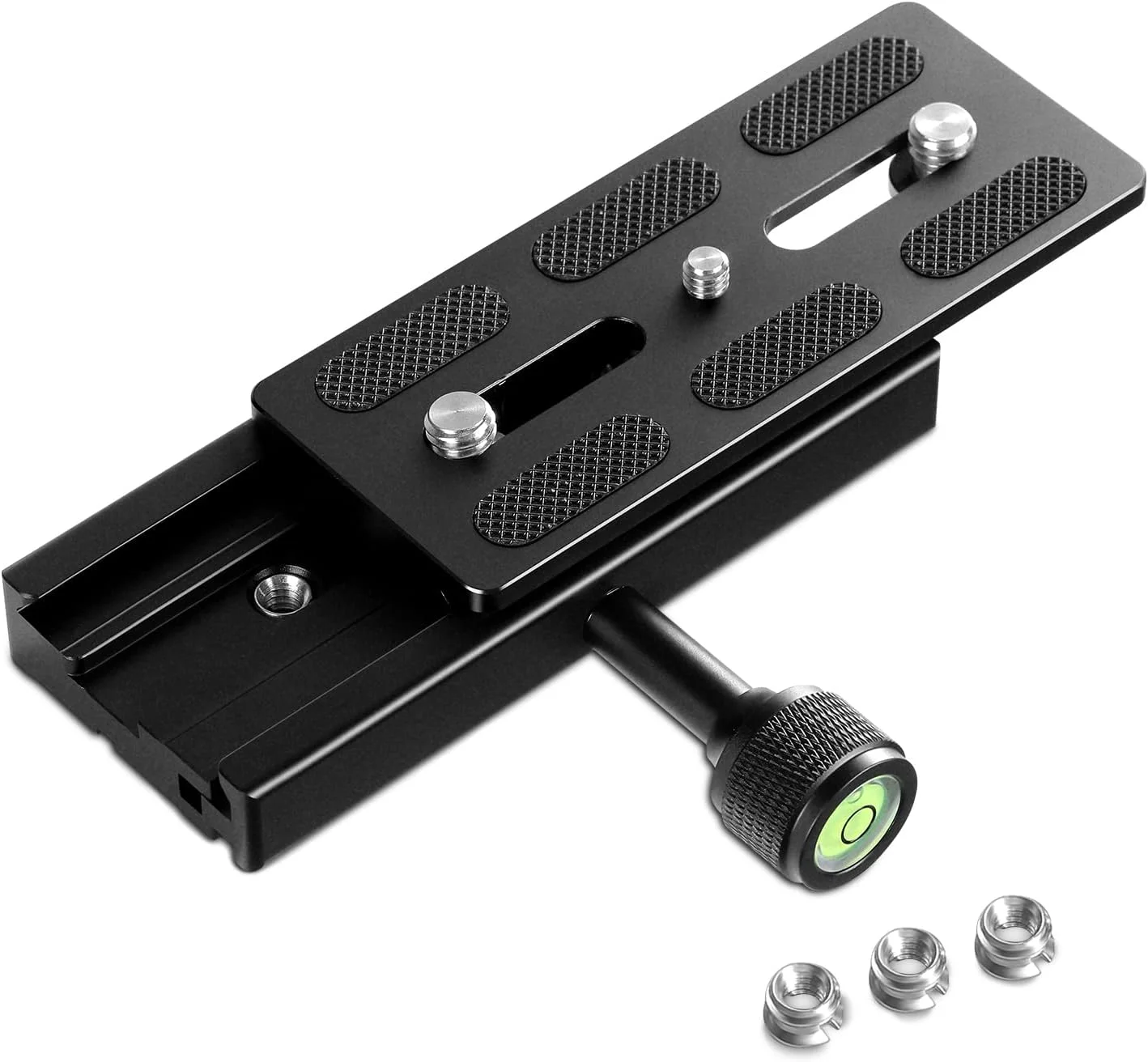 صفحه رهاسازی سریع NEEWER با مجموعه آداپتور گیره، صفحه QR 120 میلی‌متری با گیره، پیچ 3/8 اینچی و 1/4 اینچی، تراز حبابی، آداپتور پیچ 3/8 اینچی به 1/4 اینچی، سازگار با سه‌پایه Arca Swiss تک پایه هد توپی