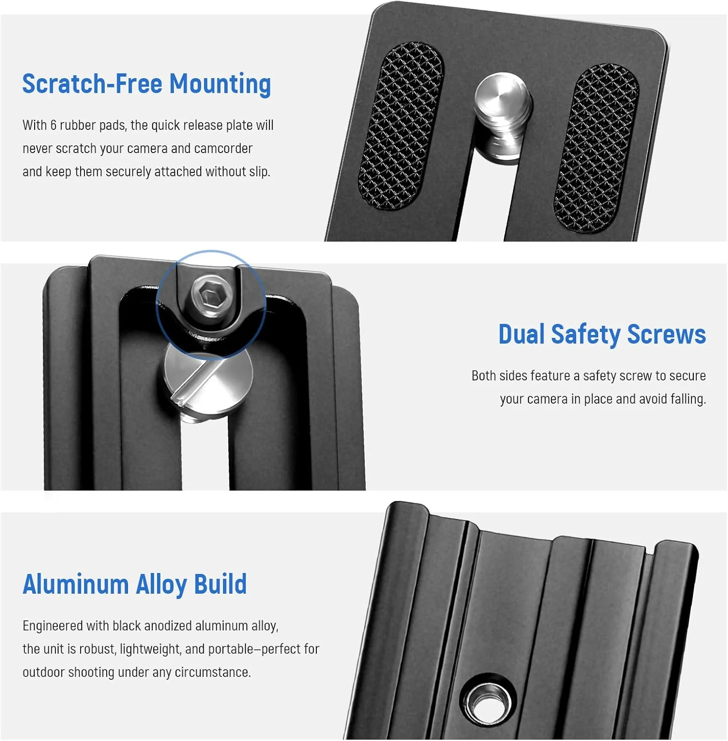 صفحه رهاسازی سریع NEEWER با مجموعه آداپتور گیره، صفحه QR 120 میلی‌متری با گیره، پیچ 3/8 اینچی و 1/4 اینچی، تراز حبابی، آداپتور پیچ 3/8 اینچی به 1/4 اینچی، سازگار با سه‌پایه Arca Swiss تک پایه هد توپی