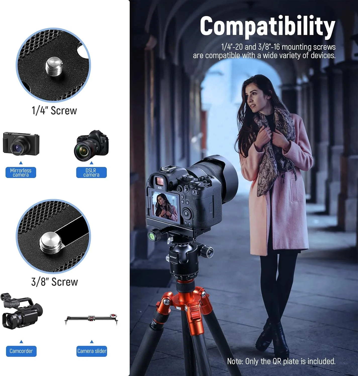 صفحه رهاسازی سریع NEEWER با مجموعه آداپتور گیره، صفحه QR 120 میلی‌متری با گیره، پیچ 3/8 اینچی و 1/4 اینچی، تراز حبابی، آداپتور پیچ 3/8 اینچی به 1/4 اینچی، سازگار با سه‌پایه Arca Swiss تک پایه هد توپی