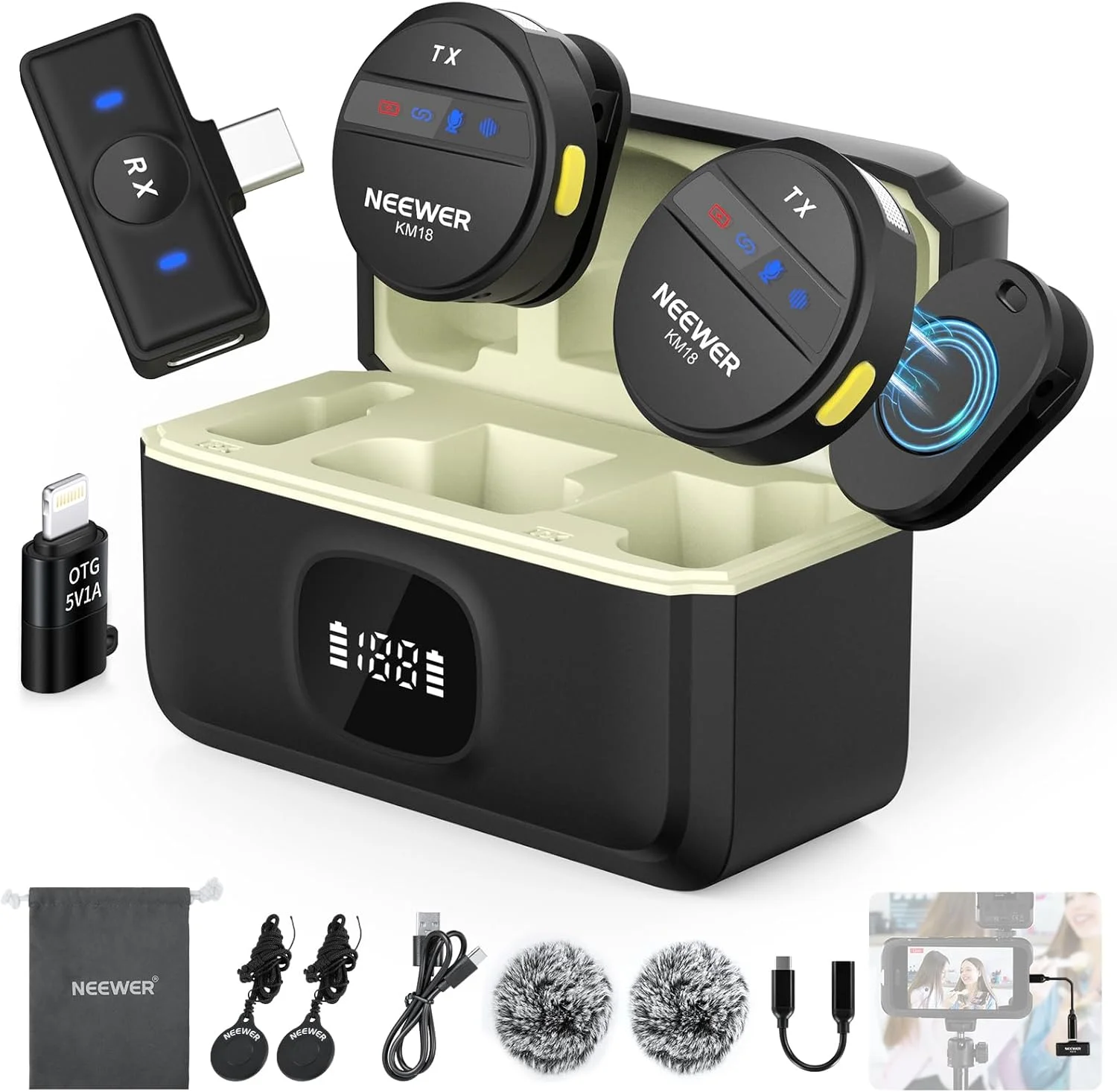 میکروفون یقه ای بی سیم NEEWER برای آیفون، مجموعه میکروفون کوچک یقه ای با قابلیت حذف نویز، دارای جعبه شارژ USB C OTG، باتری 24 ساعته، برد بلند 200 متری، سازگار با آیفون 16 15، تلفن اندروید، کامپیوتر، لپ تاپ، KM18
