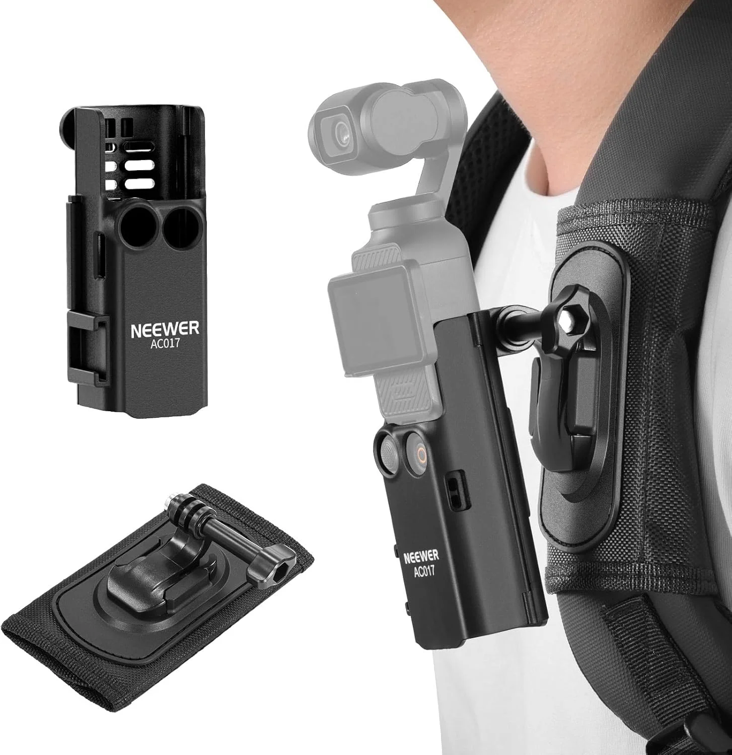 مجموعه لوازم جانبی 4 در 1 NEEWER Basics سازگار با DJI Osmo Pocket 3، نگهدارنده بند کوله پشتی با آداپتور قفس، گیره، قلاب J و پیچ T برای پیاده روی، کوهنوردی و کمپینگ، GP-67