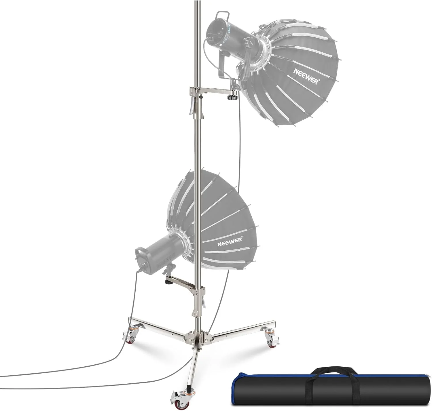 پایه نور استیل ضد زنگ 198 سانتی‌متری نیور، سه‌پایه سنگین با چرخ‌های چرخشی، 2 بازوی کشویی با دستگیره تپانچه‌ای، پایه تاشو برای سافت باکس نور تک، حداکثر تحمل وزن 16 کیلوگرم، مدل ST198SS