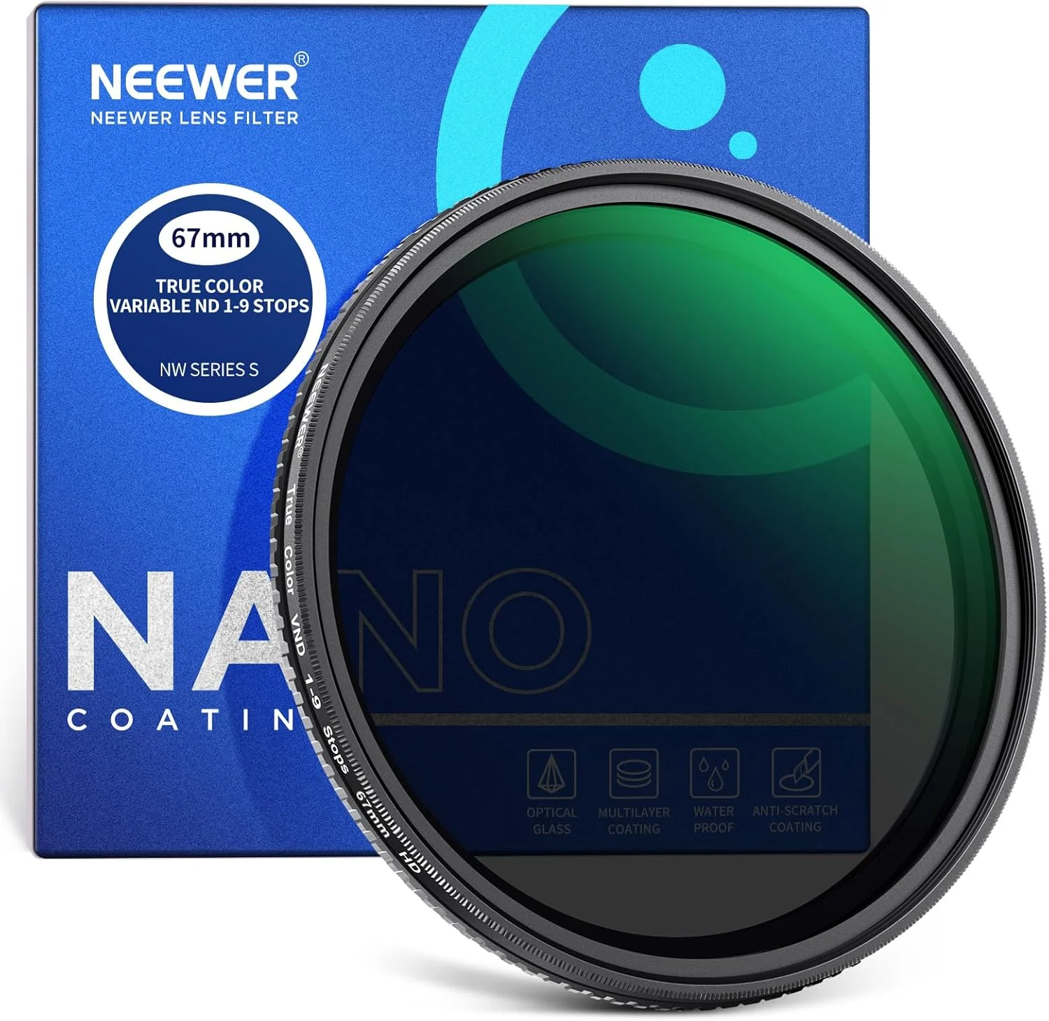 فیلتر ND2-ND400 متغیر رنگ واقعی 67 میلی‌متری NEEWER، فیلتر VND با توقف‌های سخت قابل تنظیم، شیشه اپتیکال HD چند لایه/فریم آلومینیومی/ضد آب/ضد خش