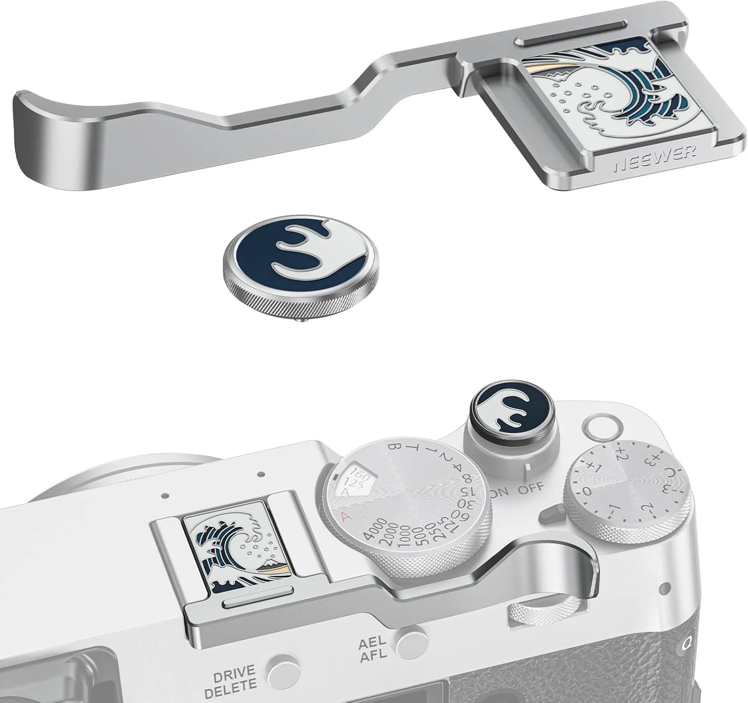 مجموعه گریپ انگشتی و دکمه شاتر NEEWER X100V X100VI، نگهدارنده انگشتی ارگونومیک با دکمه رهاسازی شاتر، لوازم جانبی عکاسی سازگار با Fujifilm X100V X100VI، نقره ای، CA114