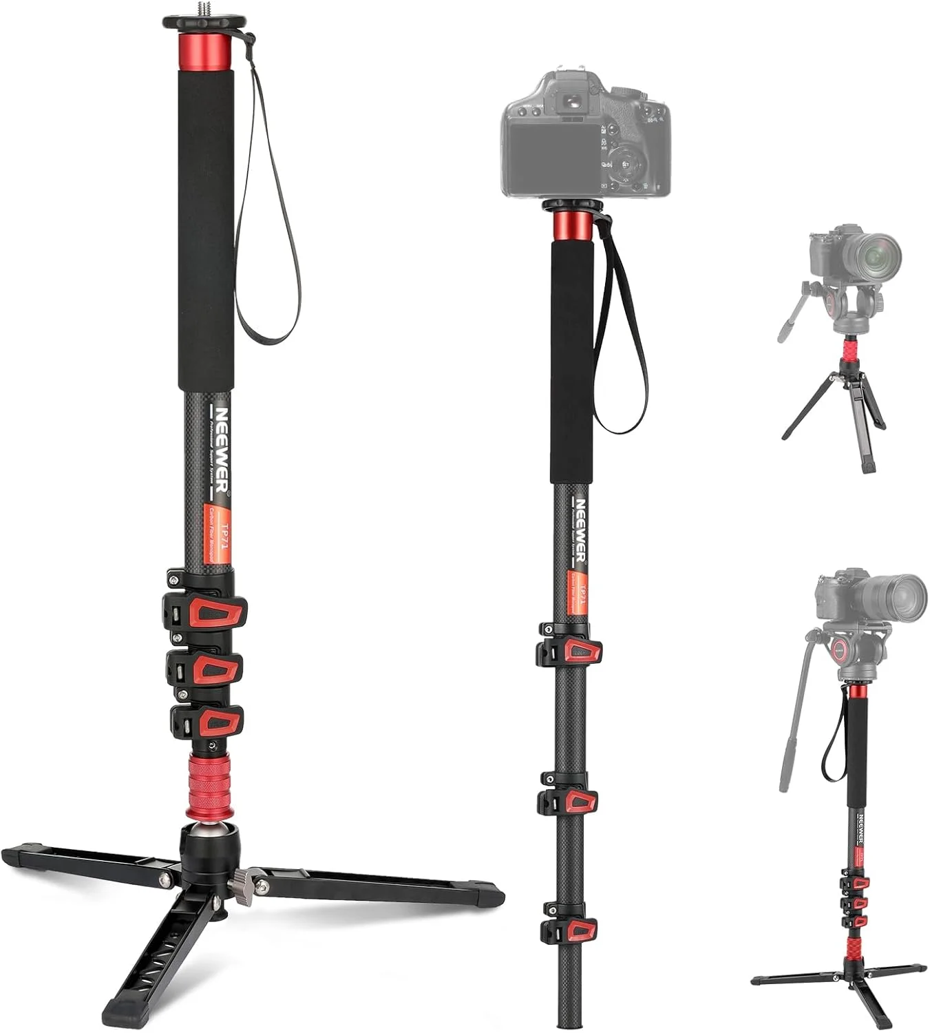 تک پایه دوربین NEEWER با ارتفاع 182 سانتی متر، سه پایه مسافرتی فیبر کربنی سبک وزن با پایه جداشدنی برای فیلمبرداری دوربین های DSLR، مونوپاد تلسکوپی، حداکثر تحمل وزن 6 کیلوگرم، مدل TP71