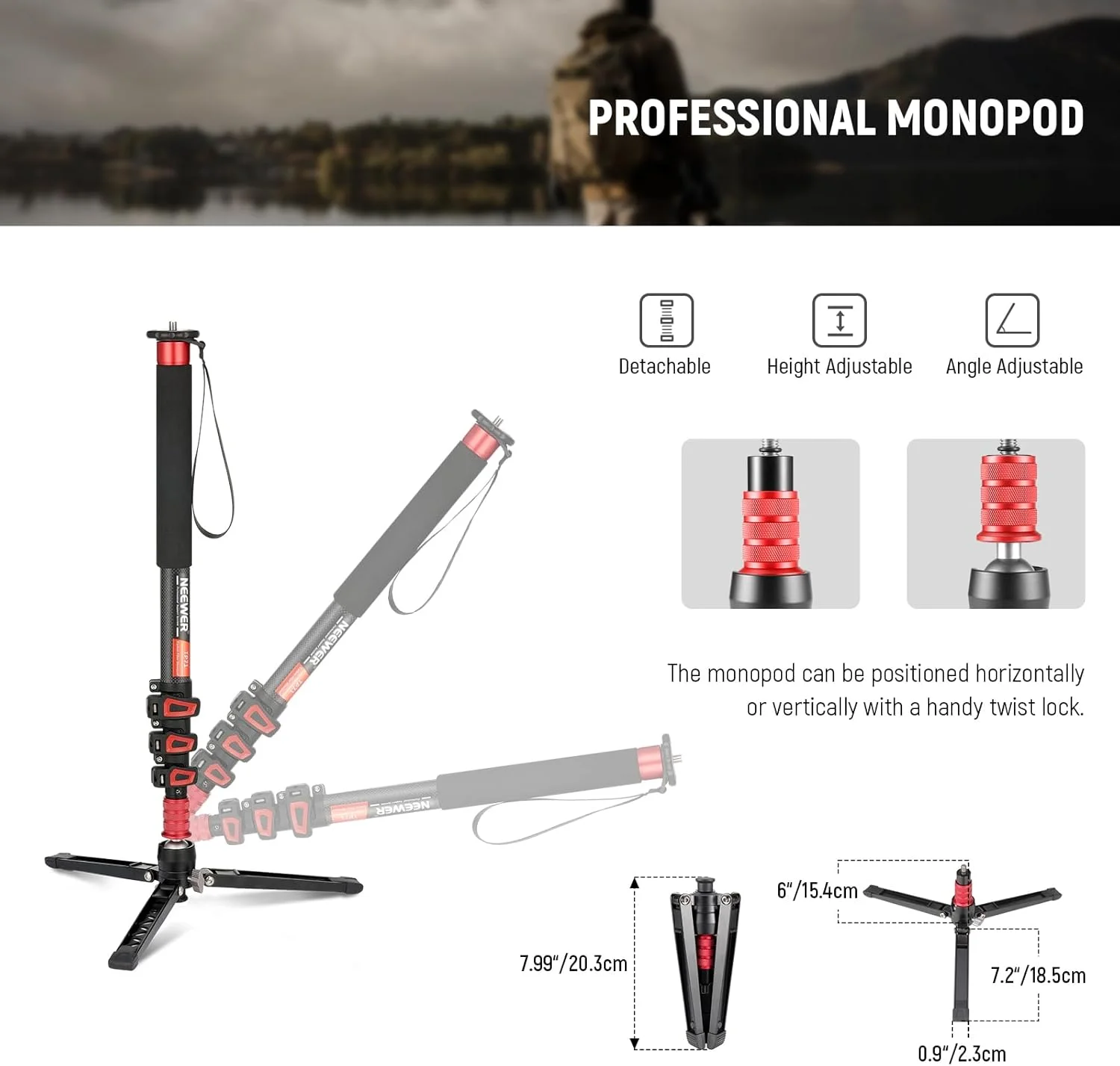 تک پایه دوربین NEEWER با ارتفاع 182 سانتی متر، سه پایه مسافرتی فیبر کربنی سبک وزن با پایه جداشدنی برای فیلمبرداری دوربین های DSLR، مونوپاد تلسکوپی، حداکثر تحمل وزن 6 کیلوگرم، مدل TP71