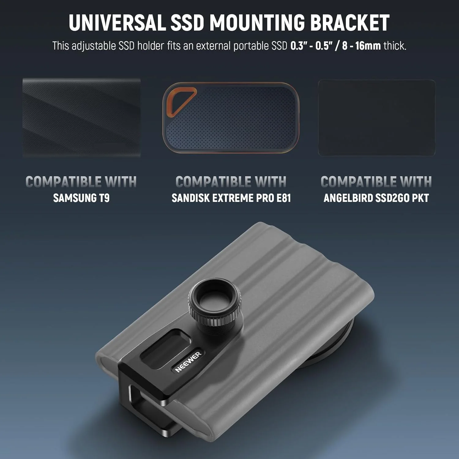 نگهدارنده SSD نیور با کفشک سرد جداشدنی برای SSD با ضخامت 8 تا 16 میلی‌متر، سازگار با MagSafe آیفون 16 و 15، سامسونگ T9 T7 T5، SanDisk و Lexar، سازگار با قفس SmallRig، مدل PA085