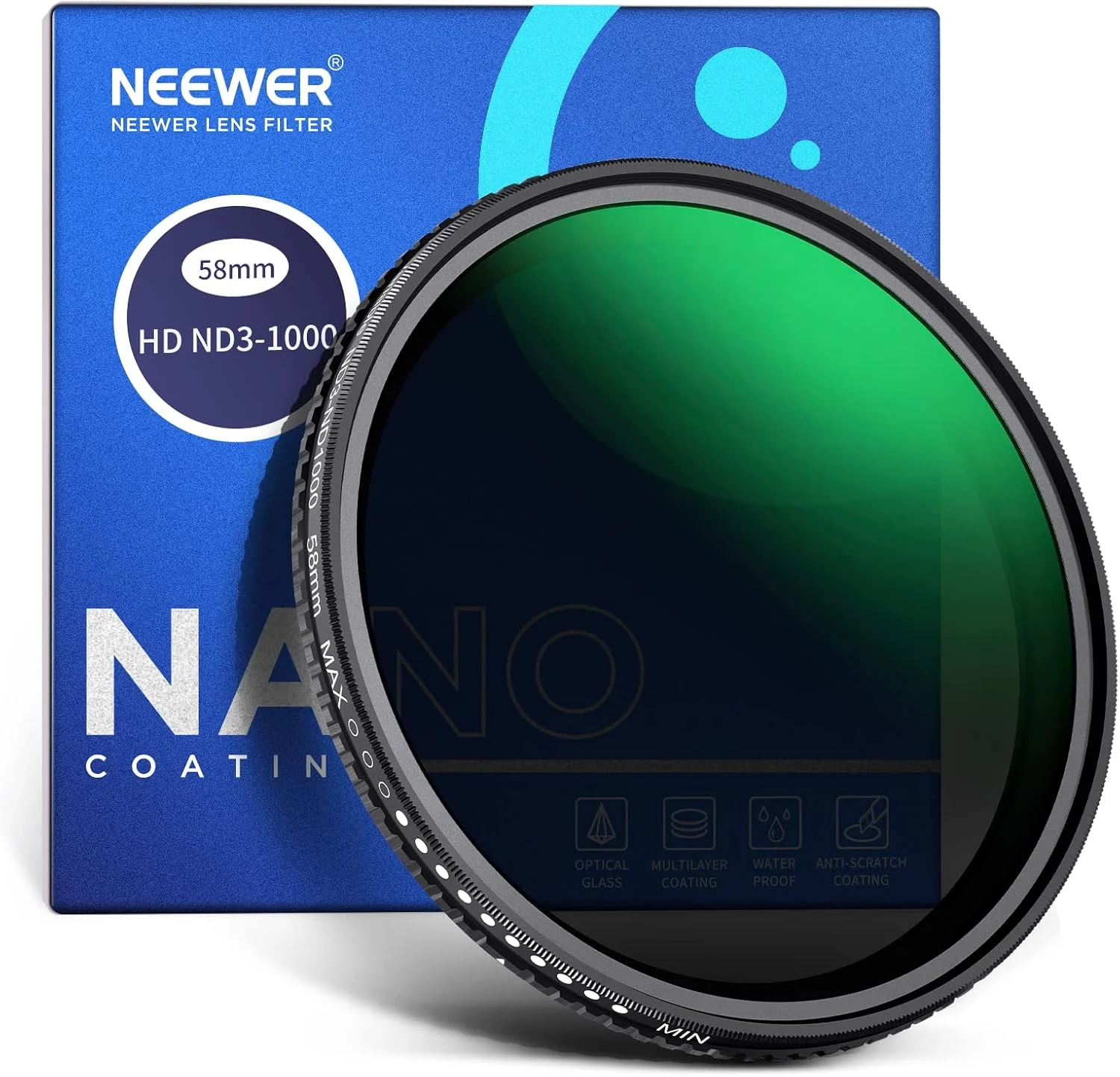 فیلتر ND متغیر 58 میلی‌متری Neewer ND3-ND1000، فیلتر کاهنده نور خنثی 1.5-10 استاپ با شیشه اپتیکال HD و پوشش نانو 30 لایه دو طرفه، ضد آب/ضد خش/فریم آلومینیومی