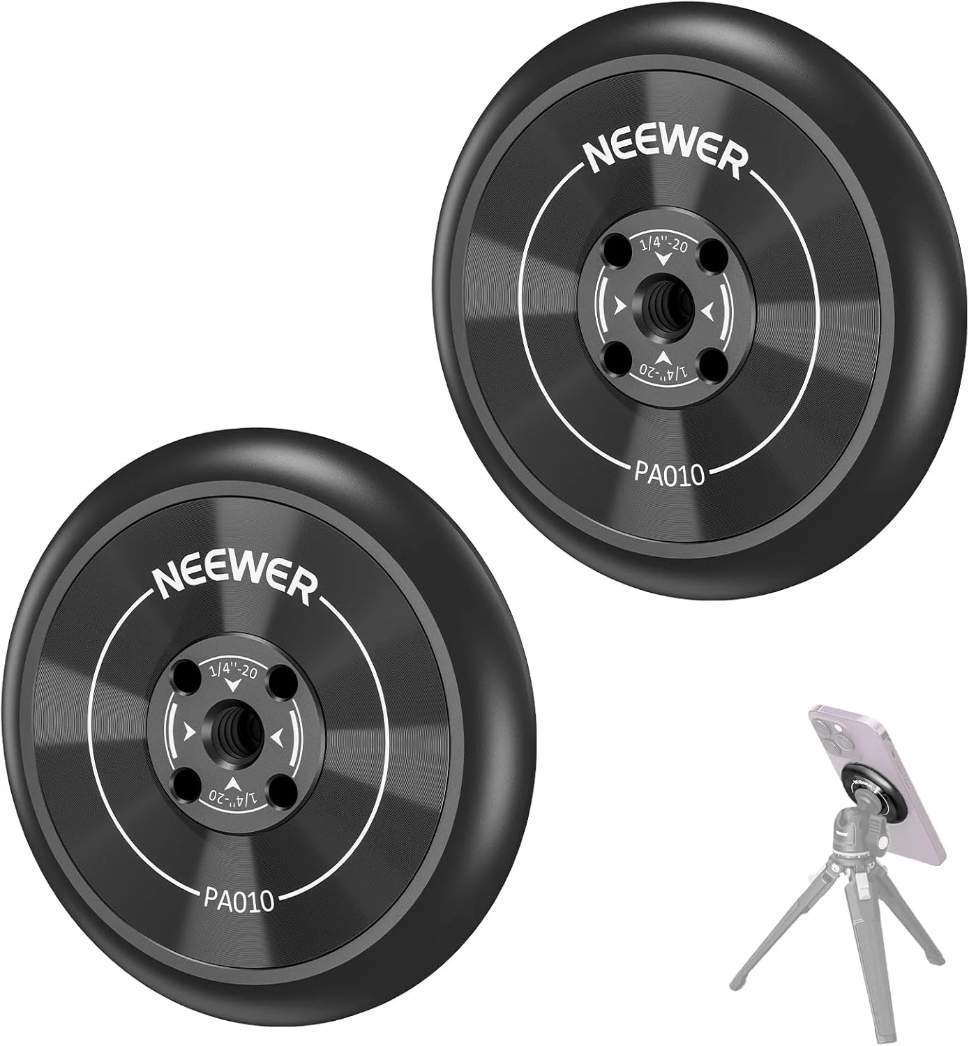 آداپتور مغناطیسی تلفن NEEWER برای سه پایه و استیکر حلقه مغناطیسی، بسته 2 عددی، سازگار با آیفون 16، آیفون 15 پرو مکس 14، 13، 12، رزوه 1/4 اینچی برای مونوپاد و رینگ لایت، PA010