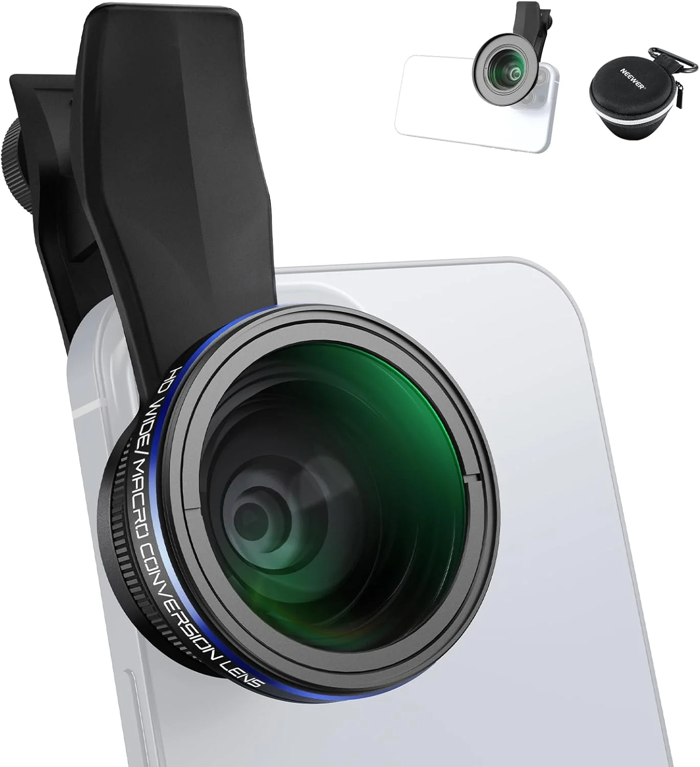 کیت لنز موبایل 2 در 1 NEEWER، زاویه باز 0.75x و ماکرو 2x، ساختار آلیاژ آلومینیوم، طراحی لنز دوگانه، مانت رزوه 37 میلی‌متری، سازگار با آیفون، سامسونگ و سایر تلفن‌های اندرویدی