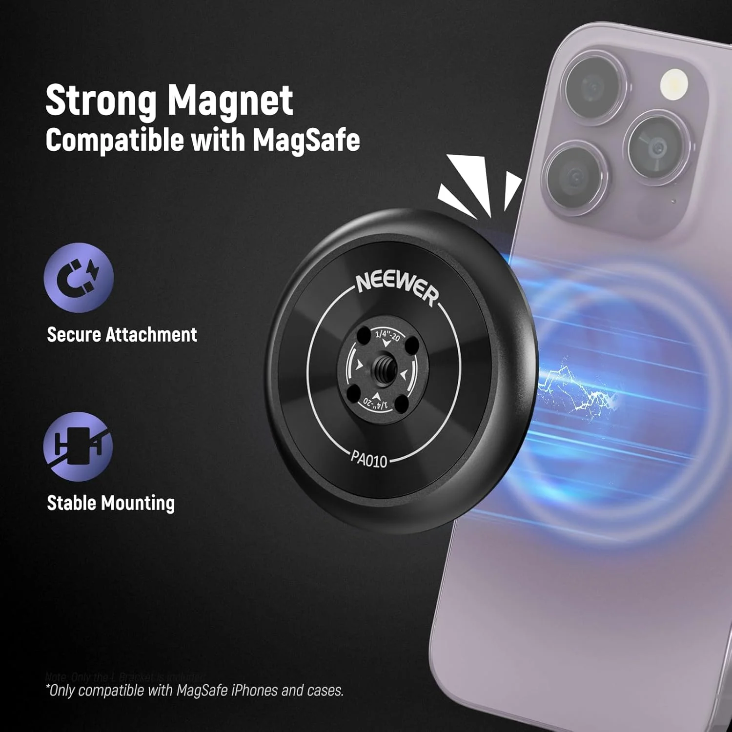 آداپتور مغناطیسی تلفن NEEWER برای سه پایه و استیکر حلقه مغناطیسی، بسته 2 عددی، سازگار با آیفون 16، آیفون 15 پرو مکس 14، 13، 12، رزوه 1/4 اینچی برای مونوپاد و رینگ لایت، PA010