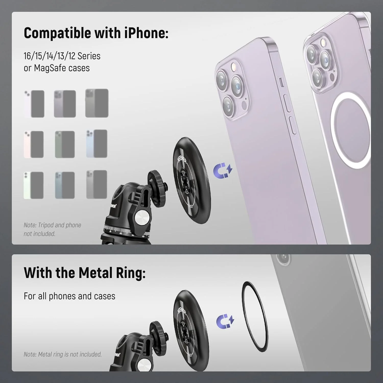 آداپتور مغناطیسی تلفن NEEWER برای سه پایه و استیکر حلقه مغناطیسی، بسته 2 عددی، سازگار با آیفون 16، آیفون 15 پرو مکس 14، 13، 12، رزوه 1/4 اینچی برای مونوپاد و رینگ لایت، PA010