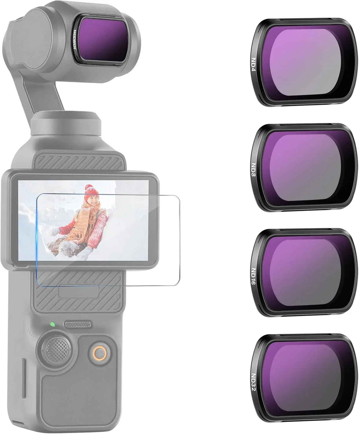 کیت فیلتر ND نیور برای پاکت 3 (بسته 4 عددی)، ND4 ND8 ND16 ND32، کیت لوازم جانبی فیلتر تراکم خنثی مغناطیسی با شیشه نوری HD، چند لایه سازگار با DJI Osmo Pocket 3 Creator Combo