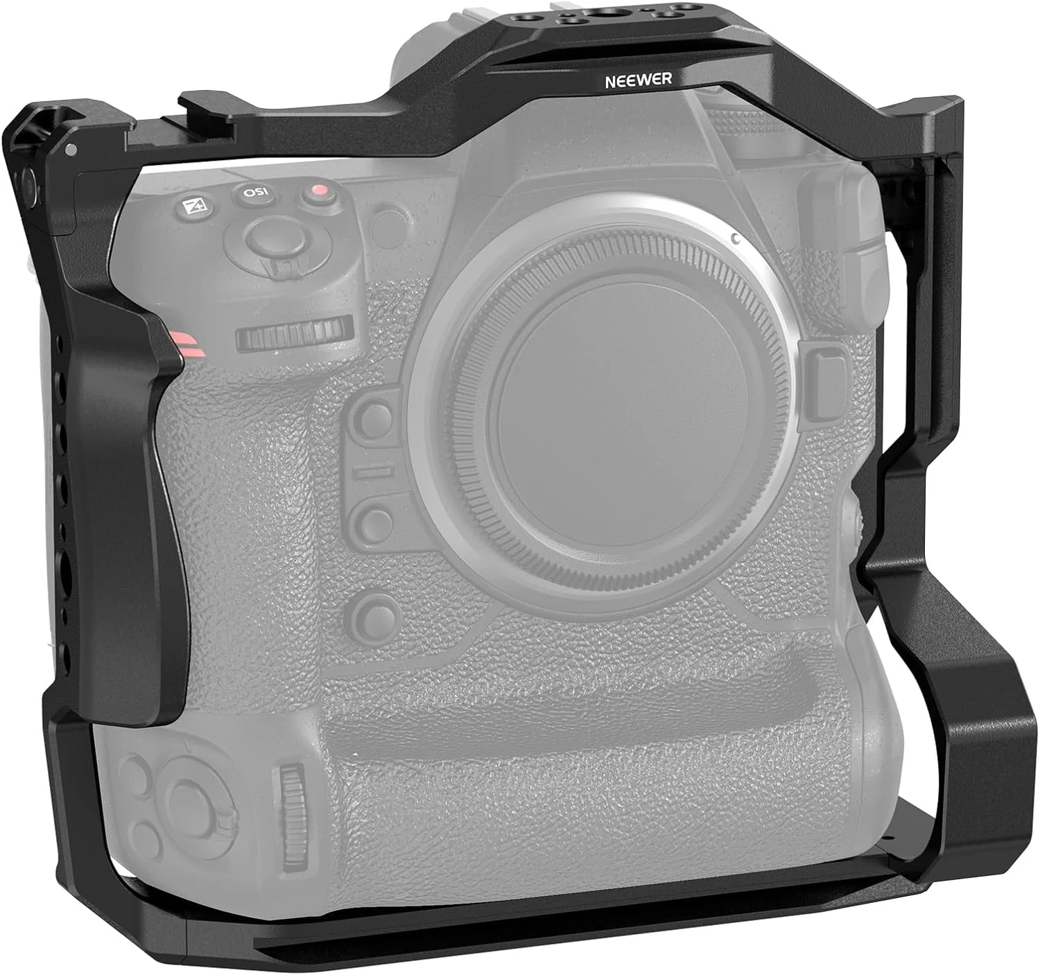 کیج دوربین NEEWER Z9، قاب تثبیت کننده دوربین فیلمبرداری ساخته شده از آلیاژ آلومینیوم با کفشک سرد، ریل ناتو، 1/4 اینچ، 3/8 اینچ، پین ضد پیچش برای ضبط فیلم/ولاگ سازگار با Nikon Z9 CA118