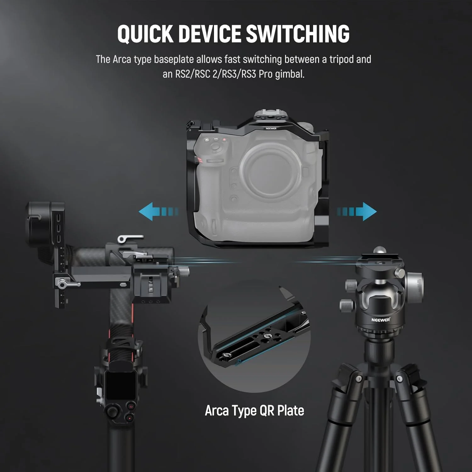 کیج دوربین NEEWER Z9، قاب تثبیت کننده دوربین فیلمبرداری ساخته شده از آلیاژ آلومینیوم با کفشک سرد، ریل ناتو، 1/4 اینچ، 3/8 اینچ، پین ضد پیچش برای ضبط فیلم/ولاگ سازگار با Nikon Z9 CA118