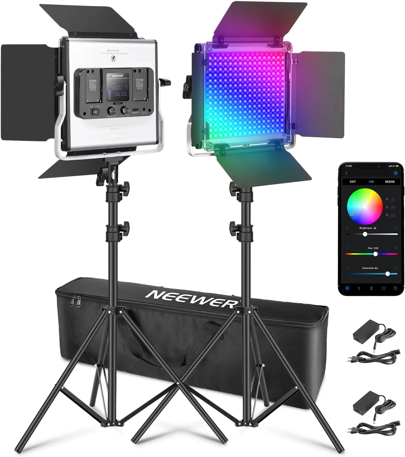 نور ویدئویی ال ای دی NEEWER 660 Pro II RGB Enhanced با کنترل برنامه و کیت پشتیبانی، بسته 2 عددی نور ویدئویی 50 واتی بدون افست رنگ/حداقل کم نور شدن 1%/دقت بالا/CRI97+/3200K~5600K برای یوتیوب