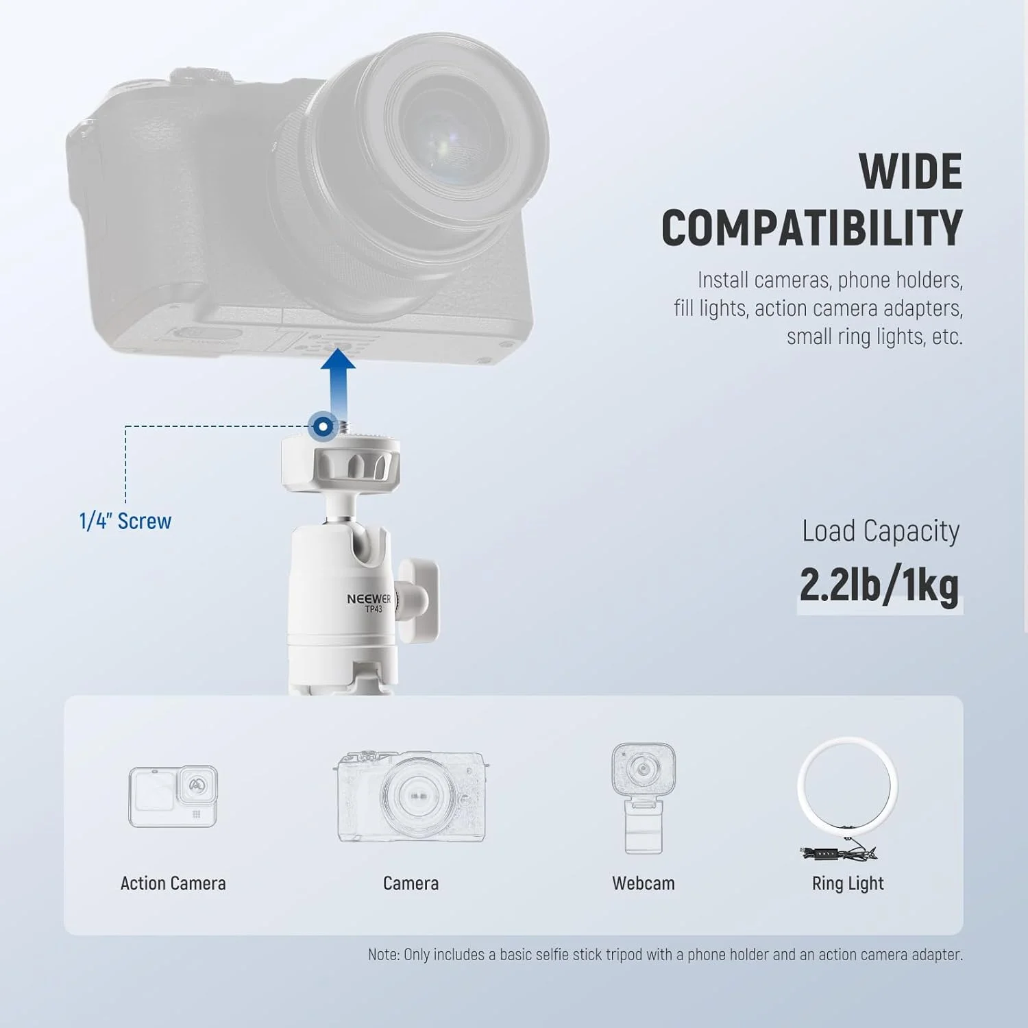 پایه سلفی رومیزی کوچک نیوئر، سازگار با آیفون، GoPro، Insta360، DJI، پایه نگهدارنده گوشی موبایل اندروید، سه پایه فیلمبرداری TP43 سفید پایه سلفی رومیزی کوچک نیوئر، سازگار با آیفون، GoPro، Insta360، DJI، پایه نگهدارنده گوشی موبایل اندروید، سه پایه فیلمبرداری TP43 سفید