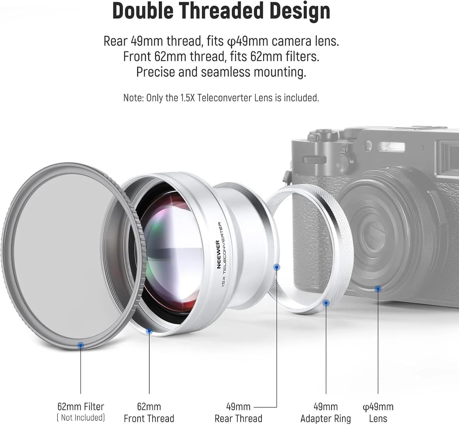 لنز تله کانورتور 1.5X نیور 49 میلیمتری، سازگار با دوربینهای فوجیفیلم X100 X100S X100F X100T X100V X100VI، شیشه اپتیکال HD، پوشش چند لایه، نقرهای، LS-61 لنز تله کانورتور 1.5X نیور 49 میلیمتری، سازگار با دوربینهای فوجیفیلم X100 X100S X100F X100T X100V X100VI، شیشه اپتیکال HD، پوشش چند لایه، نقرهای، LS-61