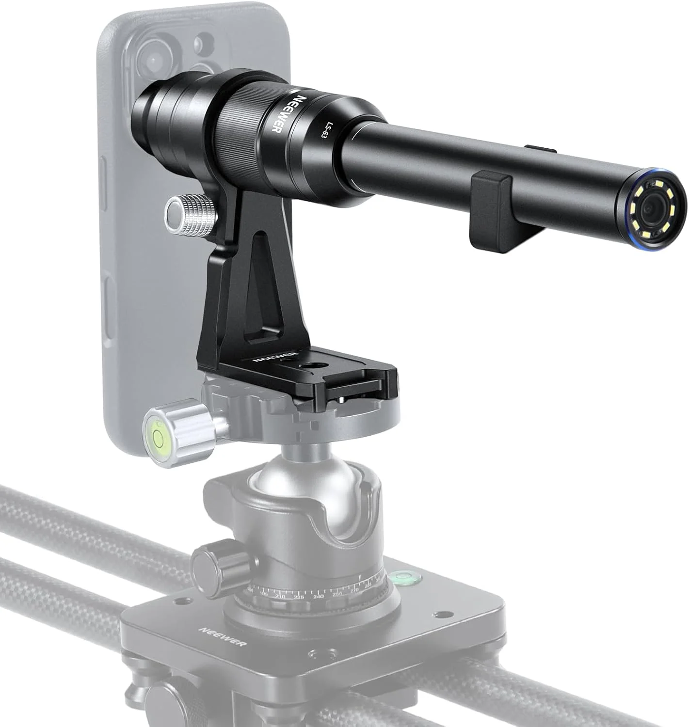 لنز ماکرو پروب 16 میلی‌متری NEEWER با میدان دید 109 درجه و نور LED قابل شارژ با رزوه 17 میلی‌متری برای عکاسی و فیلمبرداری ماکرو موبایل سازگار با لنز دوربین آیفون و سامسونگ، قفس/کیف تلفن NEEWER، LS-63