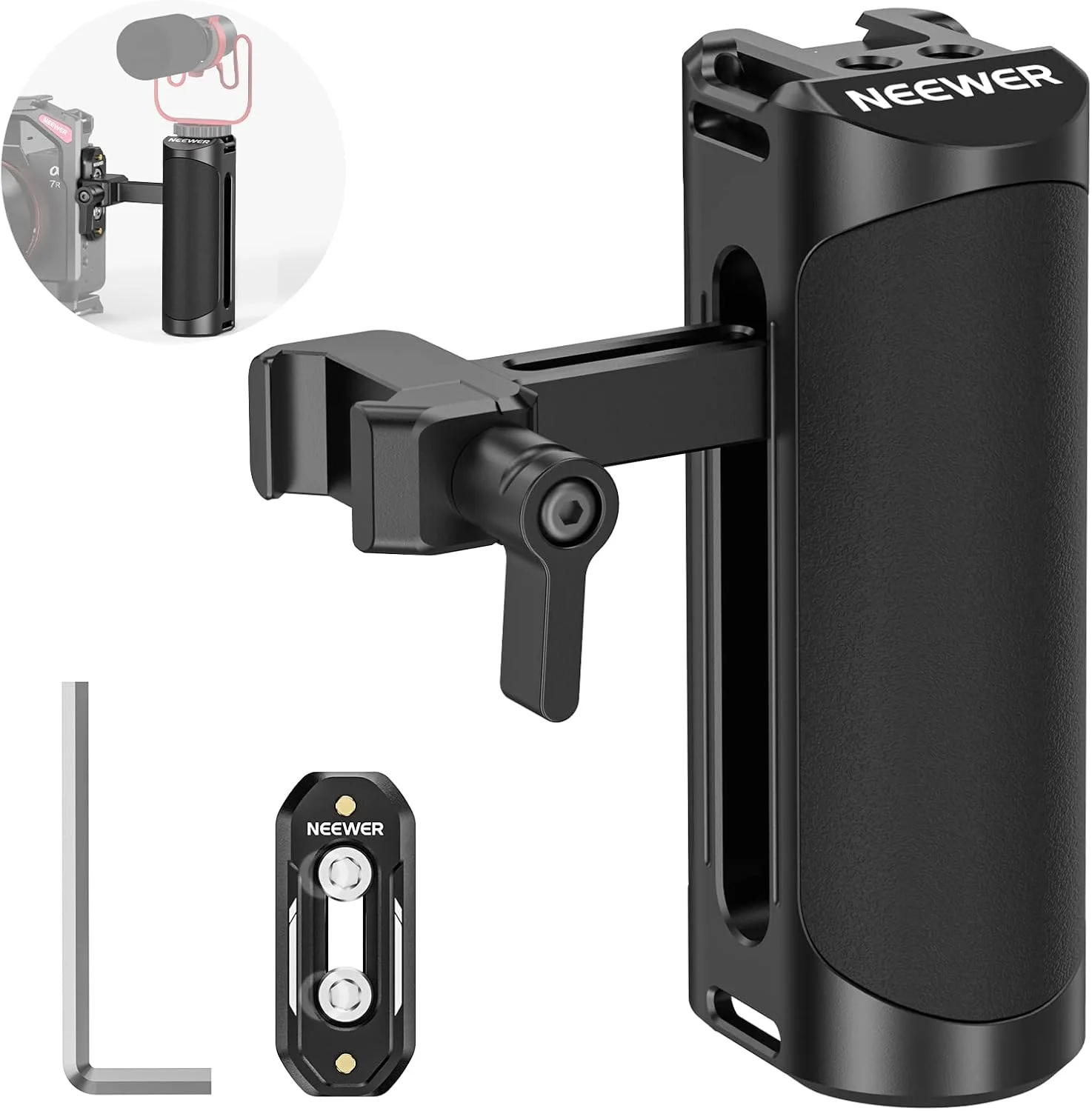 دسته جانبی ناتو NEEWER با گیره ناتو قابل تنظیم بالا و پایین، ریل ناتو، مانت کفشک سرد، رزوه های 1/4 اینچی، آچار آلن، دسته دوربین آلومینیومی جهانی سازگار با قفس ها و ریگ های SmallRig، CA017H