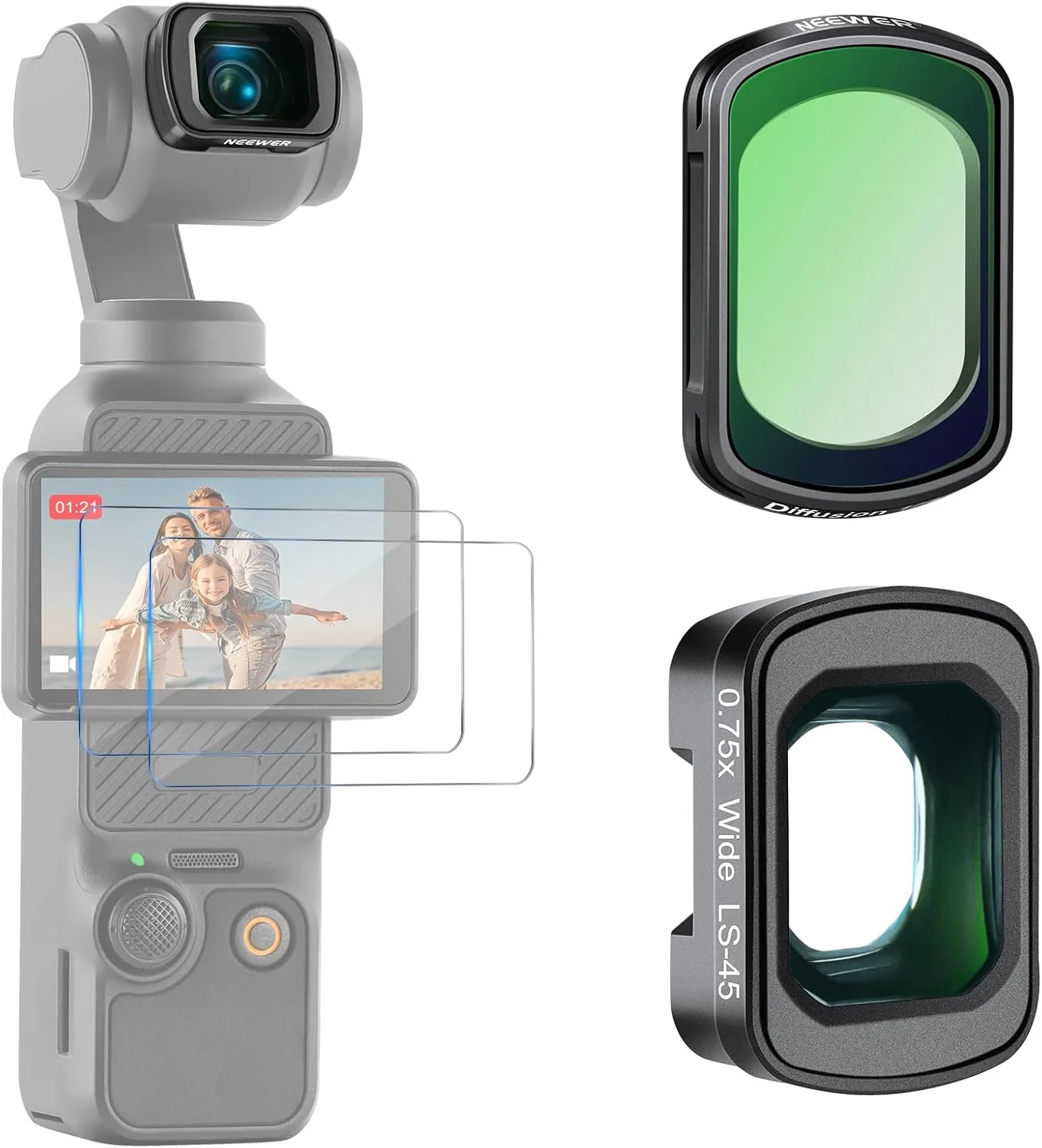 فیلتر دیفیوژن مشکی 1/4 و لنز زاویه باز NEEWER سازگار با لوازم جانبی DJI Osmo Pocket 3 Creator Combo، میدان دید 108 درجه، فیلترهای جلوه سینمایی با 2 محافظ صفحه نمایش، FL-B33