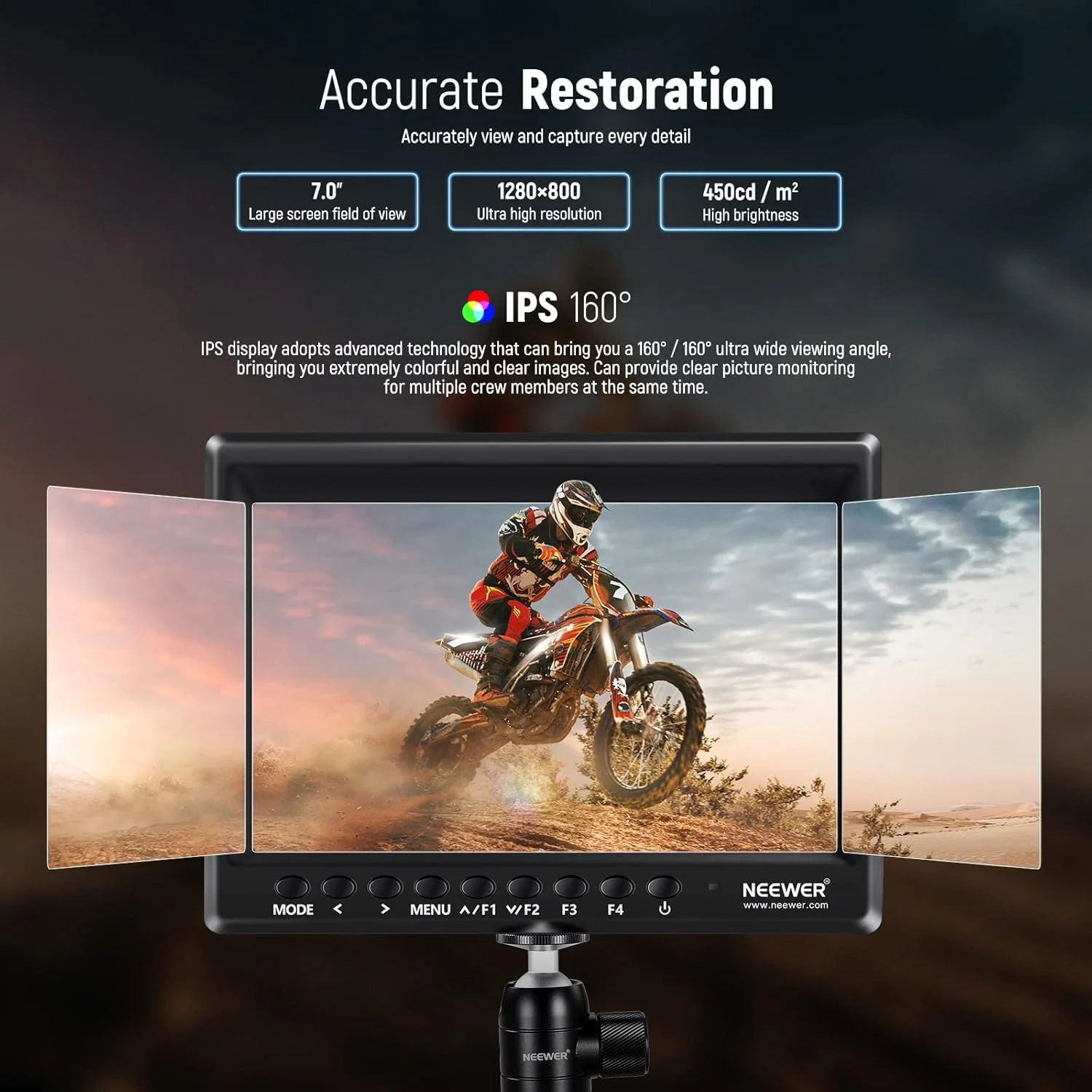مانیتور 7 اینچی دوربین NEEWER مدل F100، مانیتور IPS باریک HD با رزولوشن 1280x800، ورودی HDMI 1080p به همراه باتری 2600mAh و شارژر USB برای دوربین های DSLR، استابلایزر دستی و تجهیزات فیلمبرداری