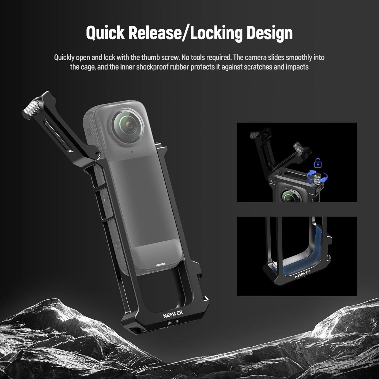 محافظ دوربین اکشن Neewer X4، قاب محافظ با انگشتی های تاشو سازگار با Insta360 X4، ریگ ضبط ویدیو فریم آلیاژ آلومینیوم با درپوش محافظ لنز، بدون نیاز به مونتاژ، AC010